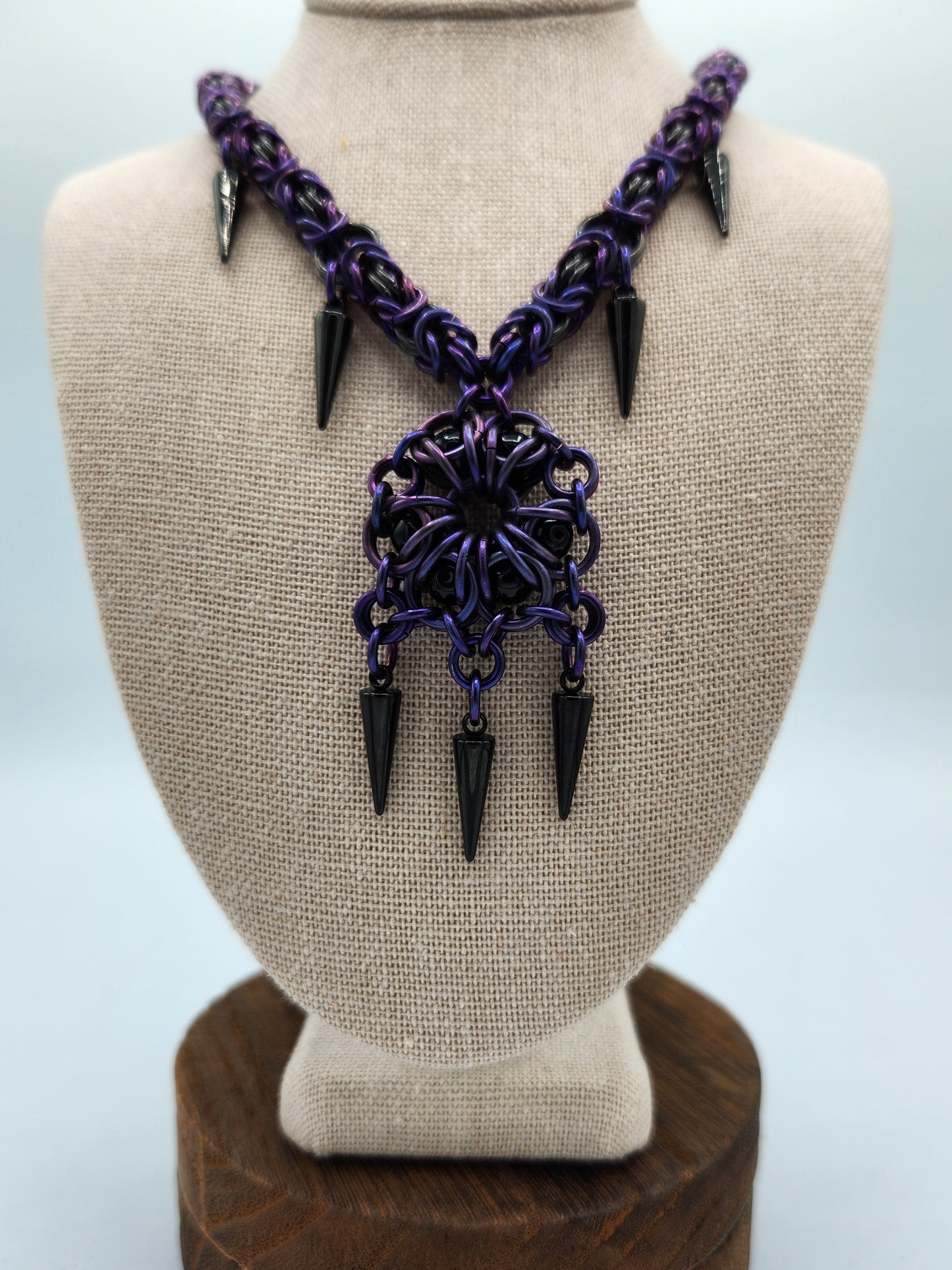 Purple and Black Glass Titanium Necklace with Black Spikes
