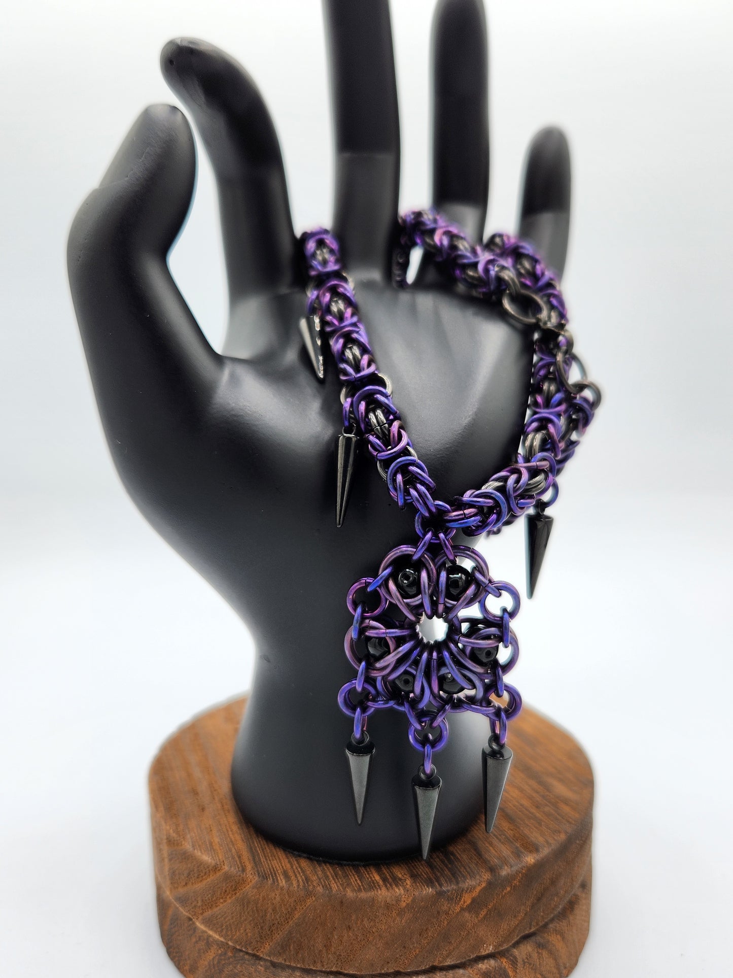 Purple and Black Glass Titanium Necklace with Black Spikes