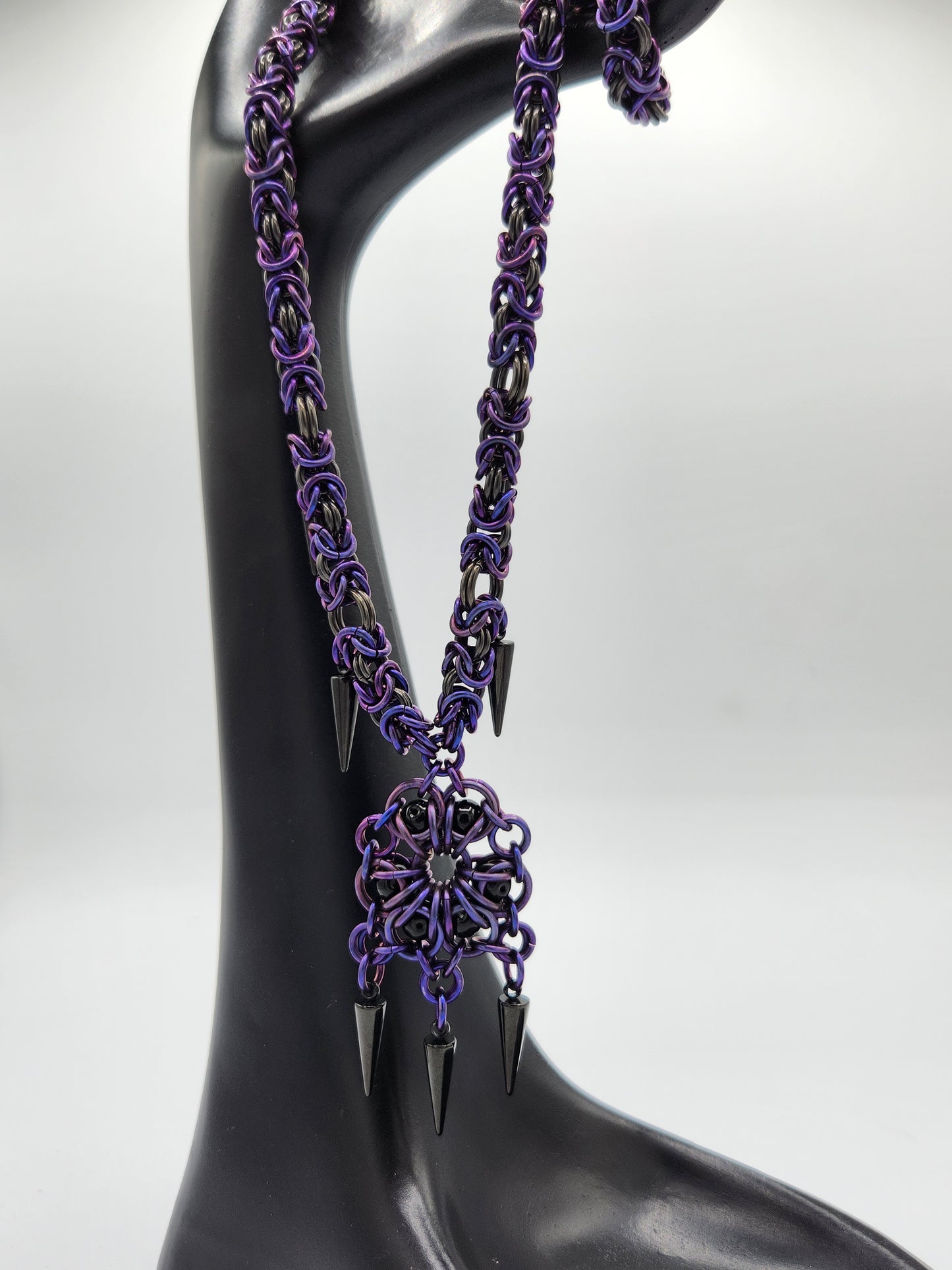 Purple and Black Glass Titanium Necklace with Black Spikes