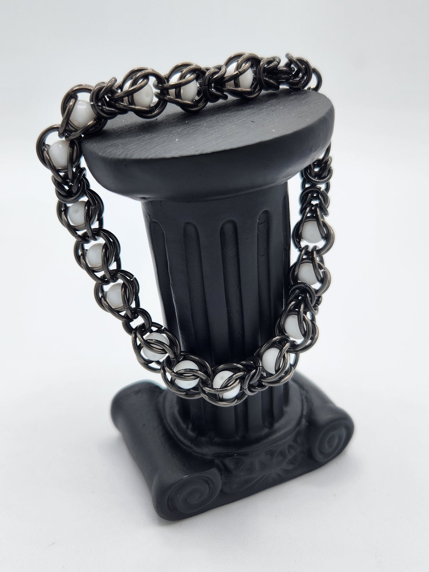 Black Glass Titanium and White Bead Bracelet