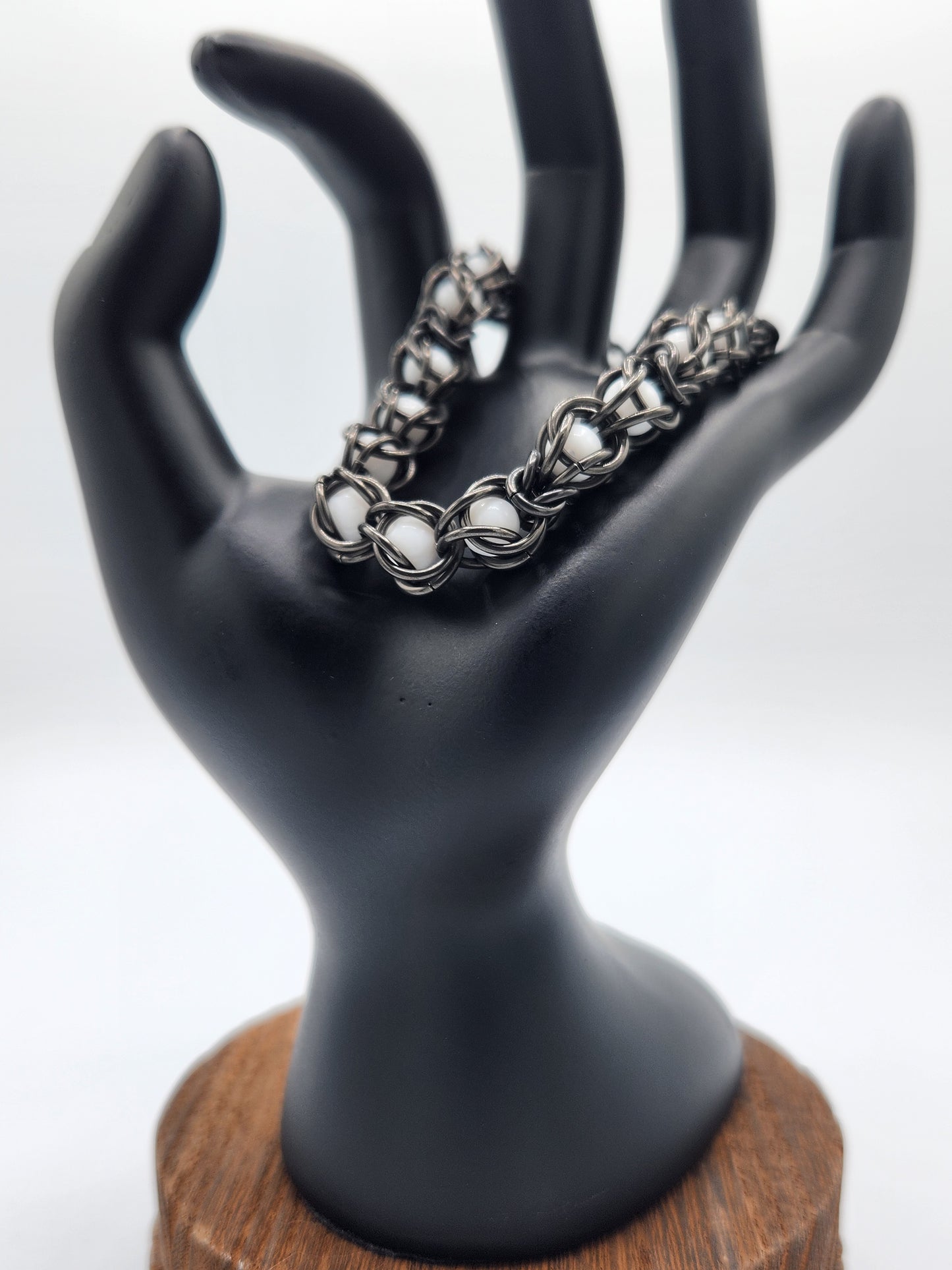 Black Glass Titanium and White Bead Bracelet