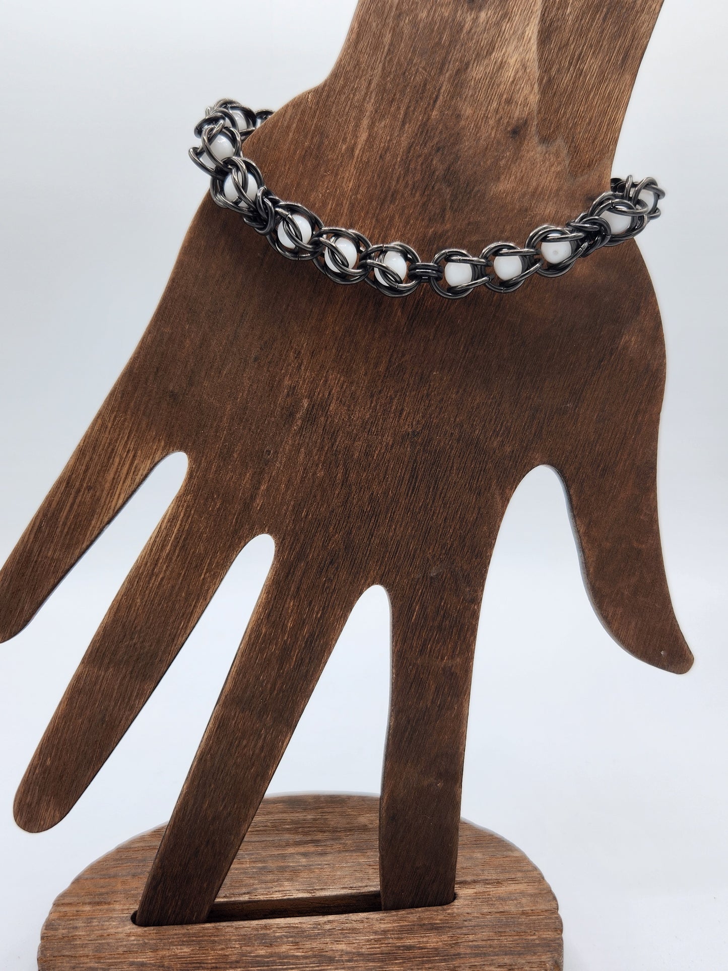 Black Glass Titanium and White Bead Bracelet