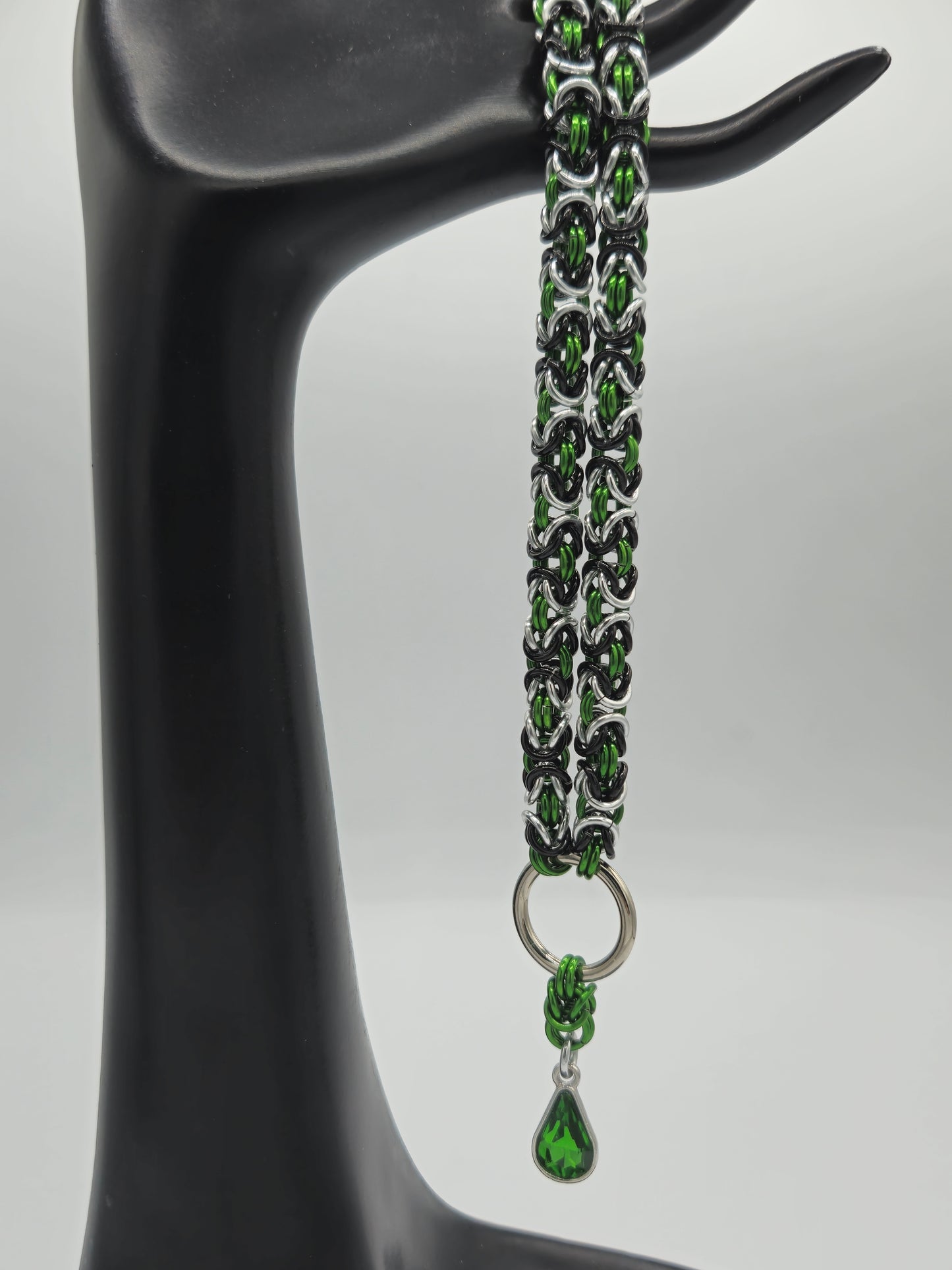 Beetlejuice! - Black, Silver, and Green Byzantine Choker with a Green Glass Drop