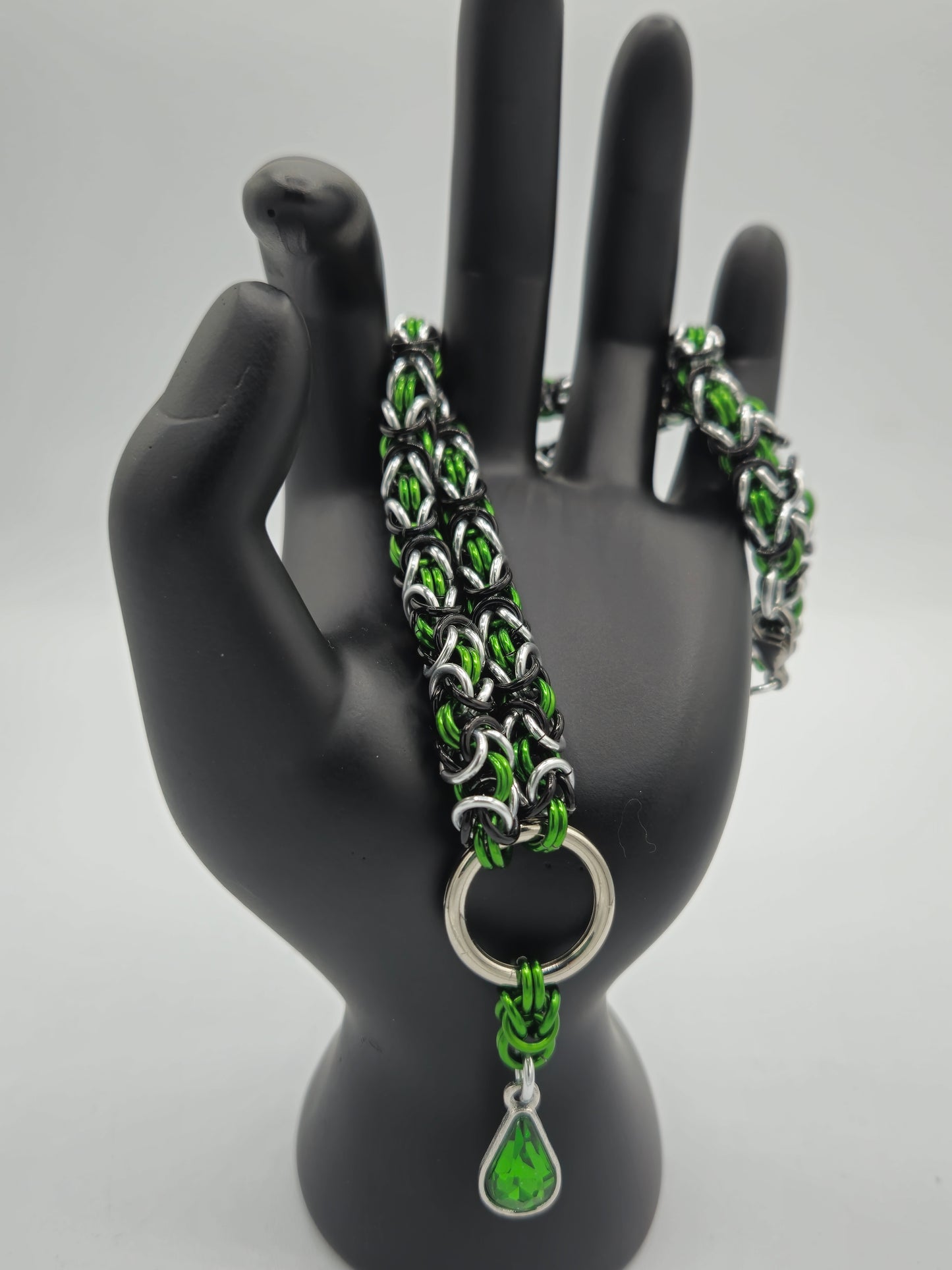 Beetlejuice! - Black, Silver, and Green Byzantine Choker with a Green Glass Drop