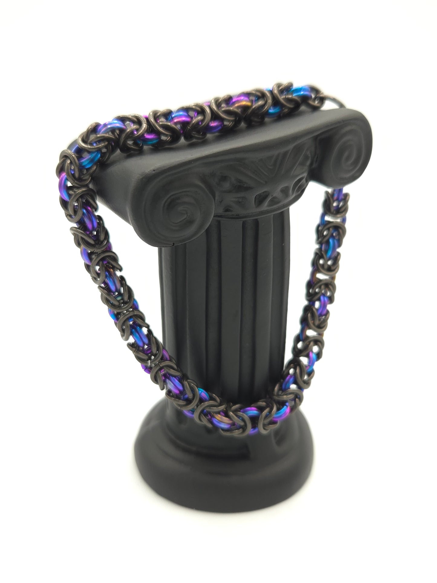 Black Glass and Violet Titanium Byzantine Bracelet