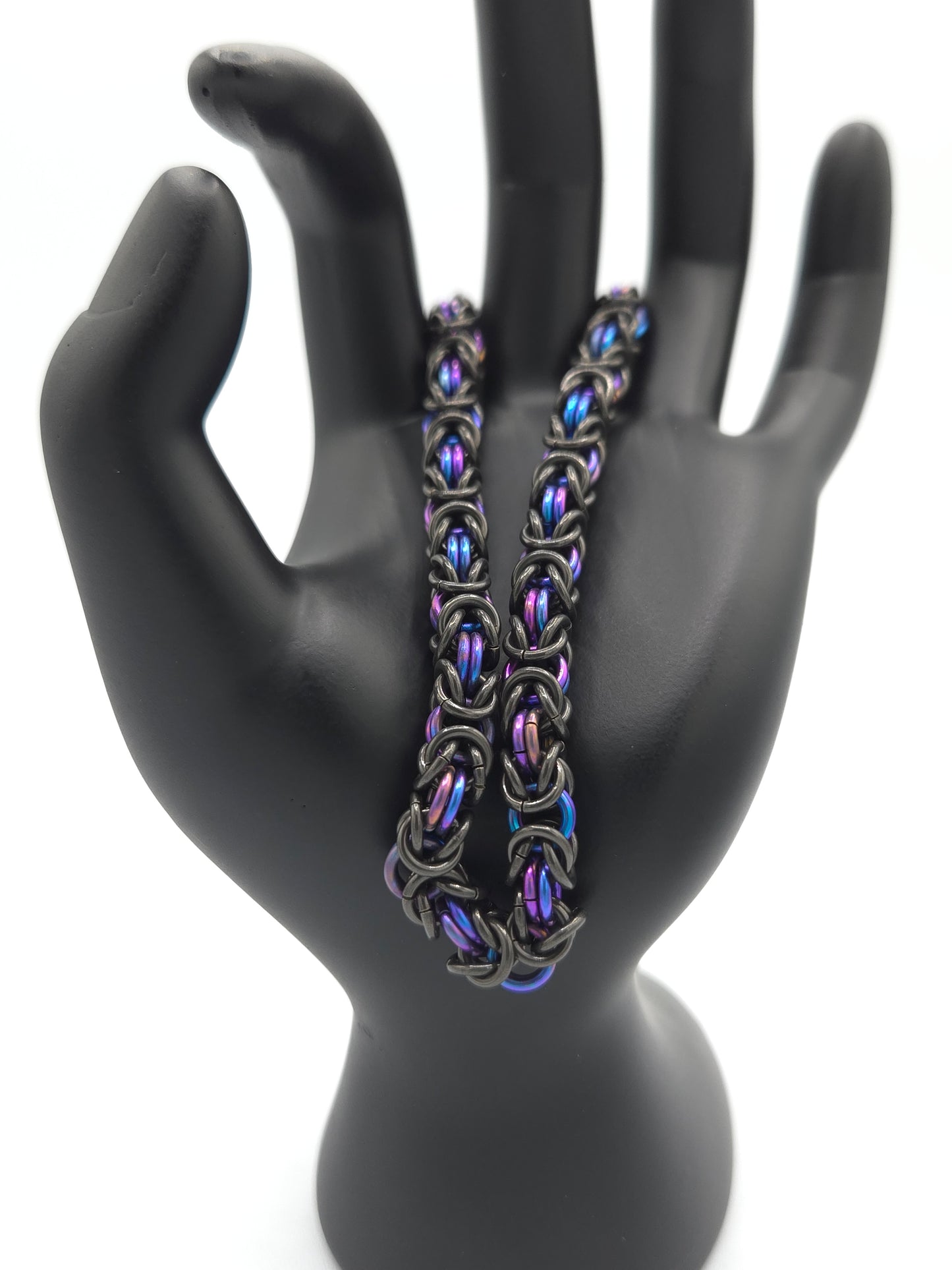 Black Glass and Violet Titanium Byzantine Bracelet