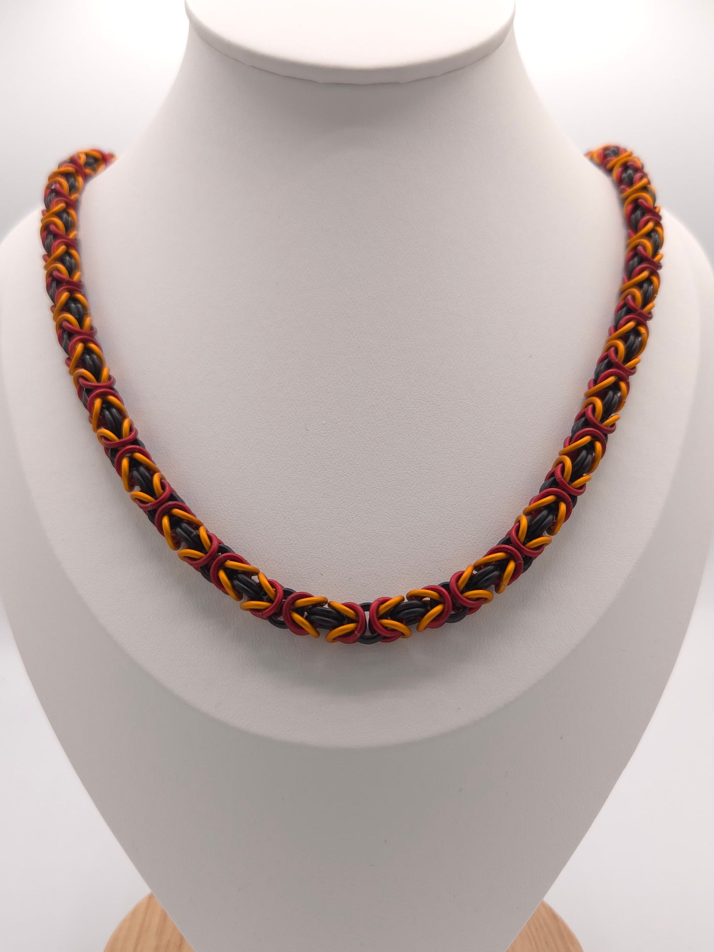 Matte Black, Matte Red, and Matte Orange Byzantine Necklace