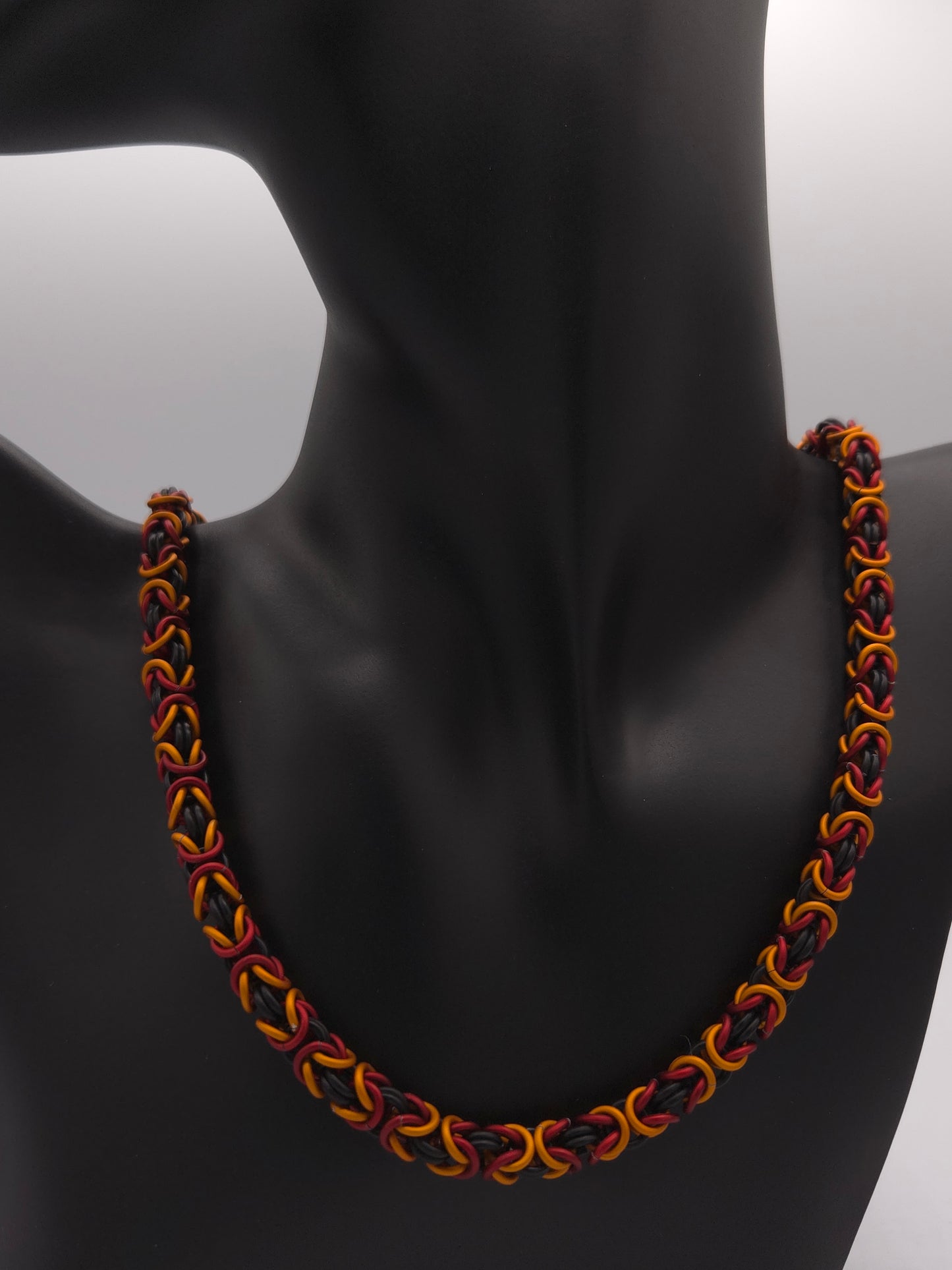 Matte Black, Matte Red, and Matte Orange Byzantine Necklace