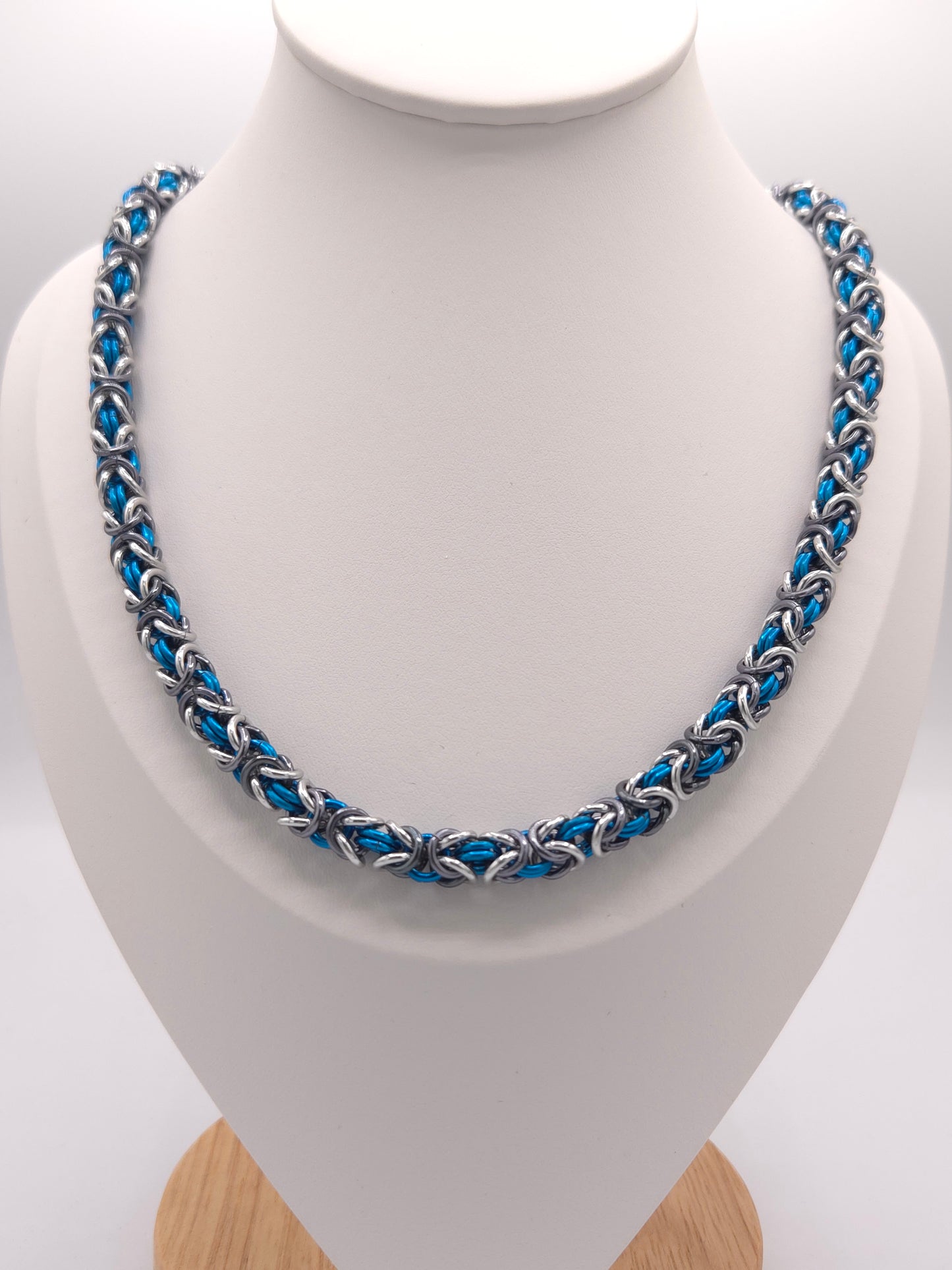 Black Ice, Silver, and Maui Blue Byzantine Necklace