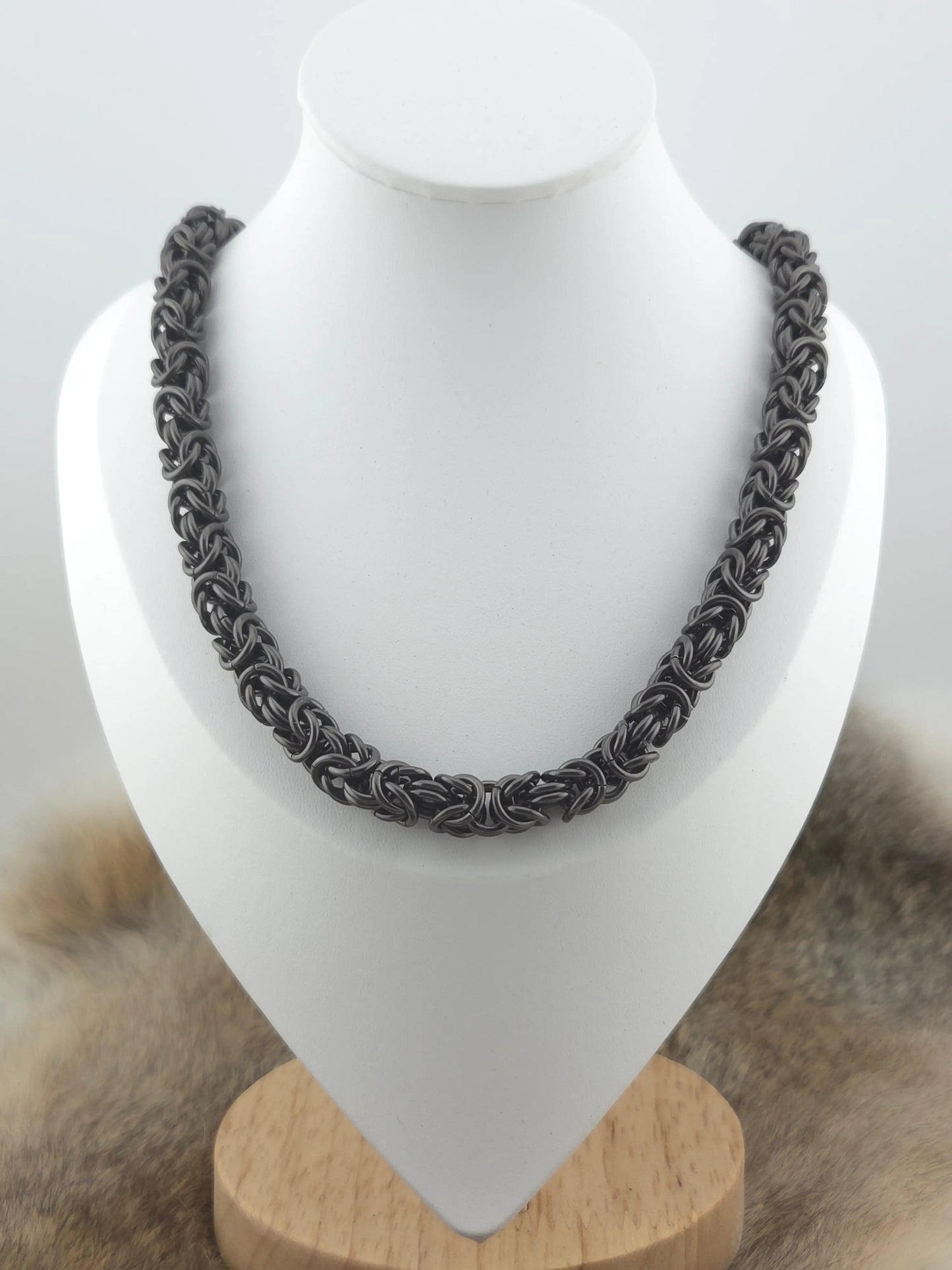 22" Black Glass Titanium Chunky Byzantine Chainmail Necklace Foxweave Studios