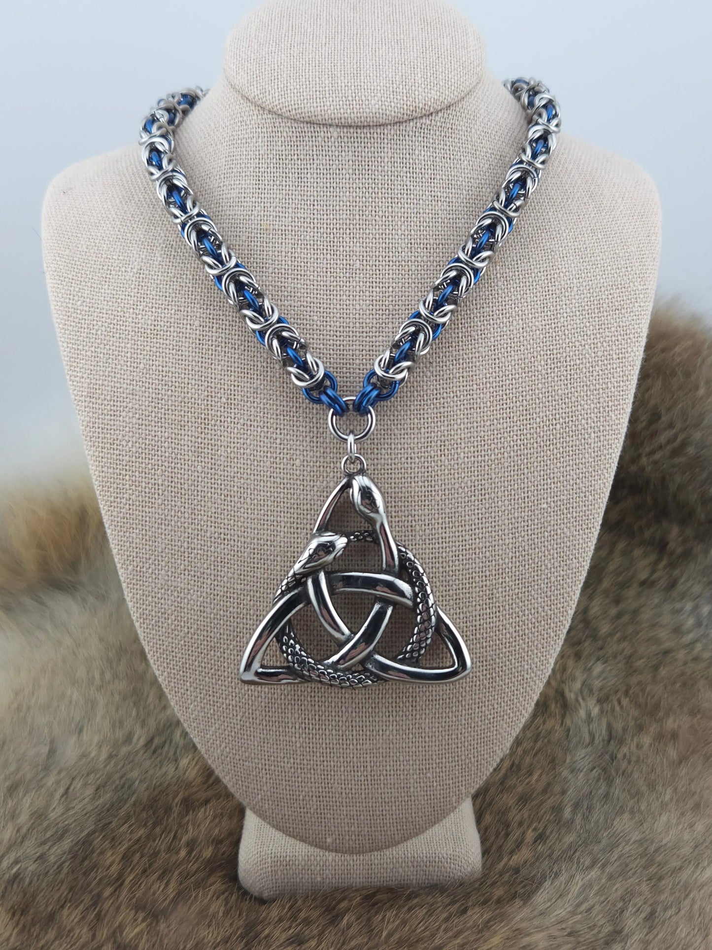 Celtic Knot Pendant with a Serpent on a 22" Stainless Steel and Blue Cornflower Niobium Byzantine Chainmail Necklace Foxweave Studios