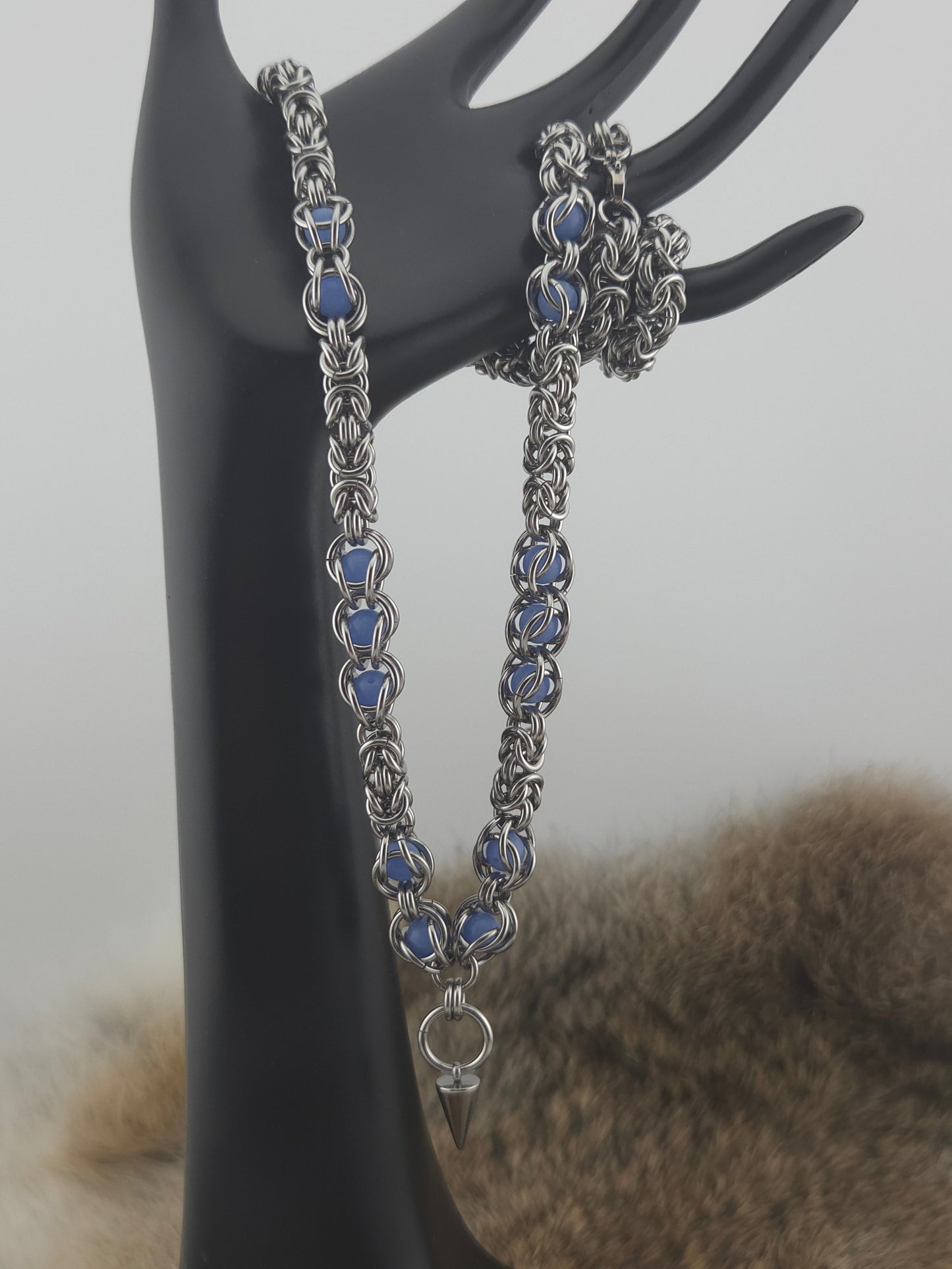22" Stainless Steel Byzantine Chainmail Necklace with Captured Blue Glow Beads Foxweave Studios