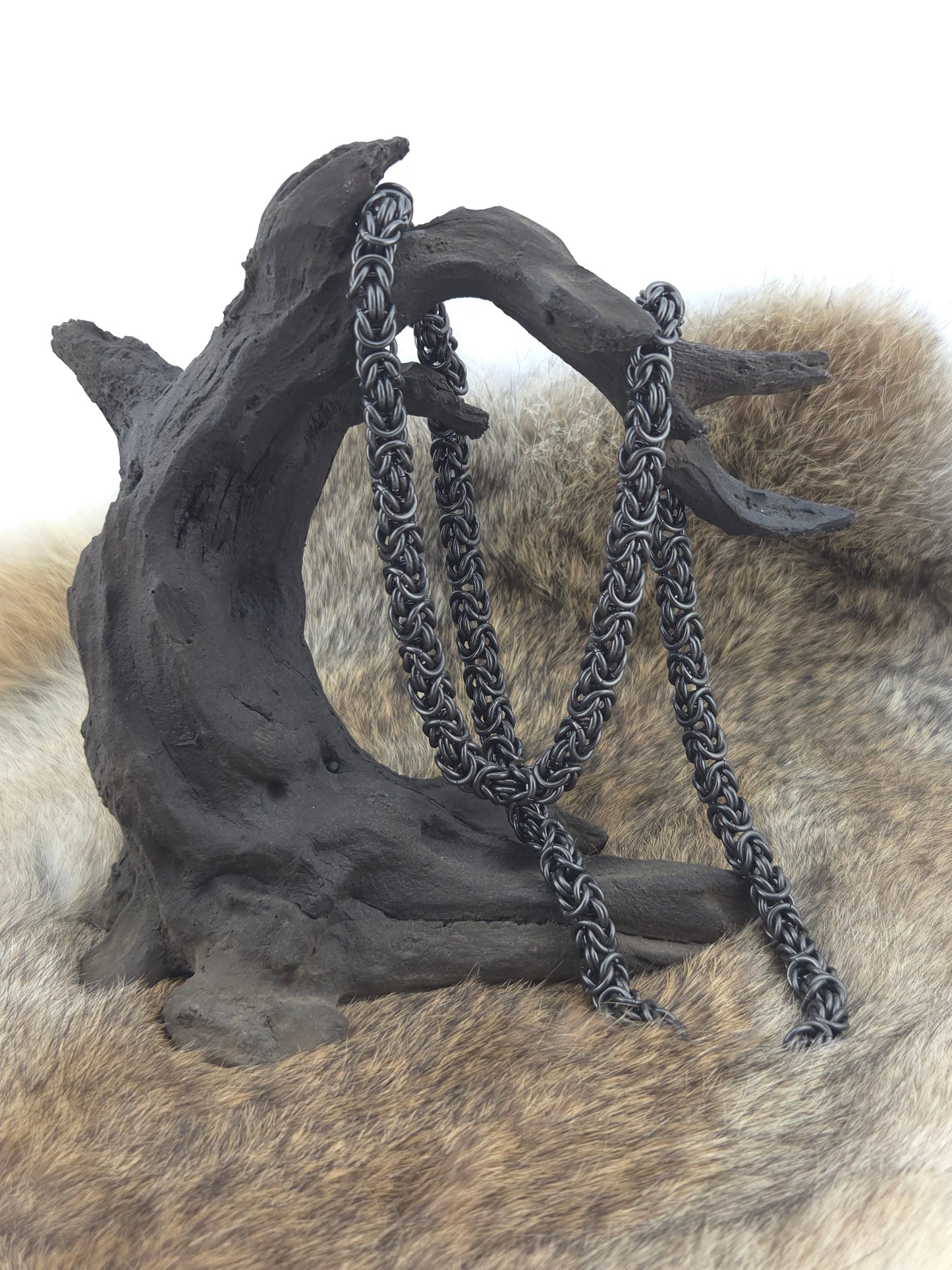 22" Black Glass Titanium Byzantine Chainmail Necklace Foxweave Studios