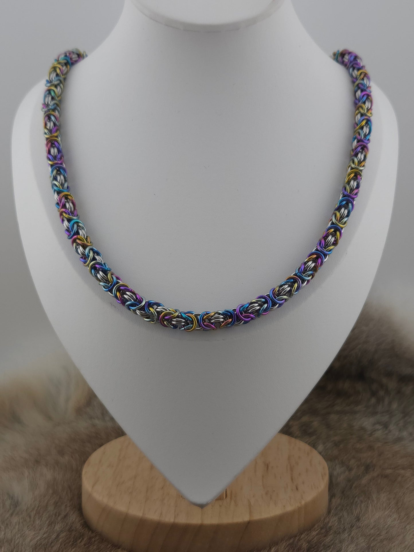 22" Rainbow Titanium and Stainless Steel Byzantine Chainmail Necklace Foxweave Studios