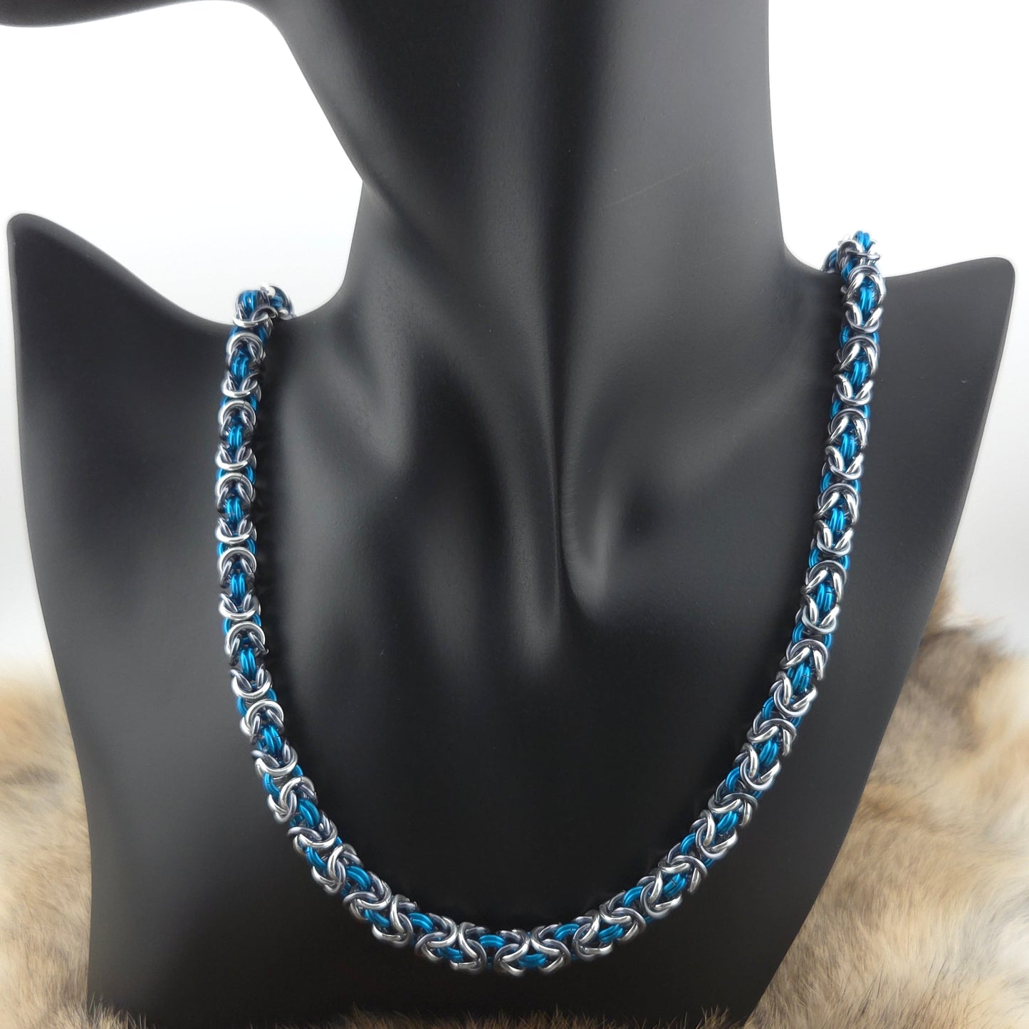 Anodized Aluminum Byzantine Necklace - Black Ice, Silver, and Lapis Foxweave Studios