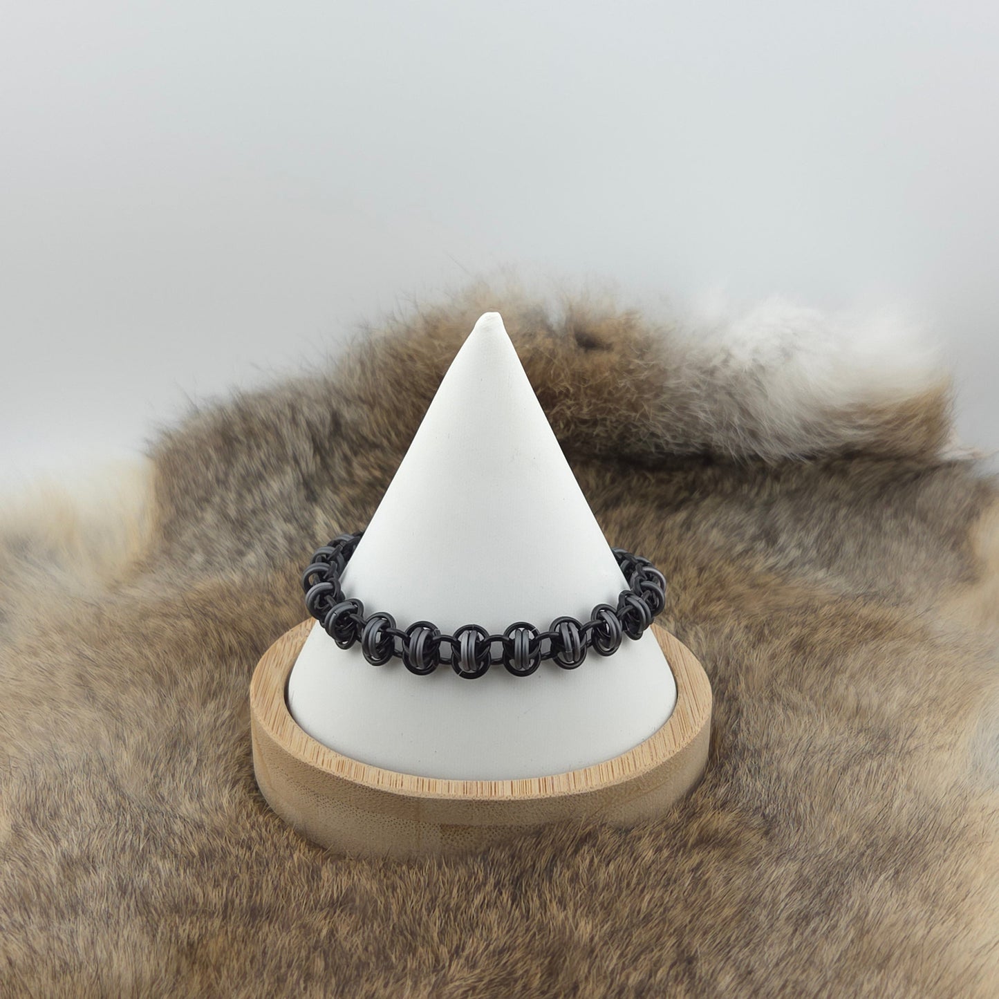 Anodized Aluminum Barrel Weave Bracelet - Matte Titanium on Black Foxweave Studios