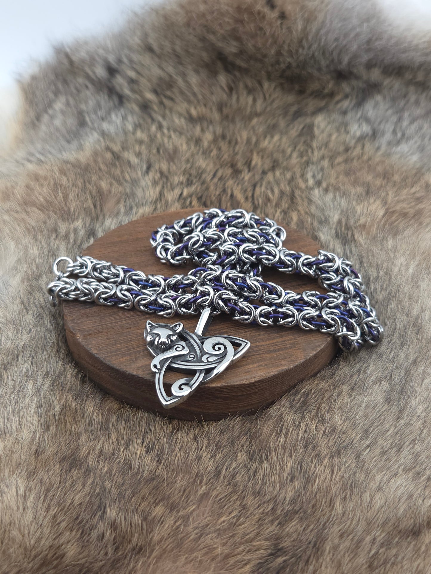 Stainless Steel and Midnight Purple Niobium Byzantine Chainmail Necklace with a Celtic Triqueta Cat Pendant