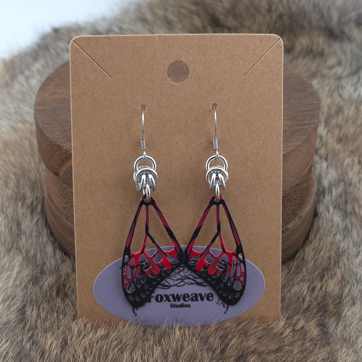 Earrings - Butterfly Wings, Black, Red - Stainless Steel Filigree on Stainless Steel Hooks