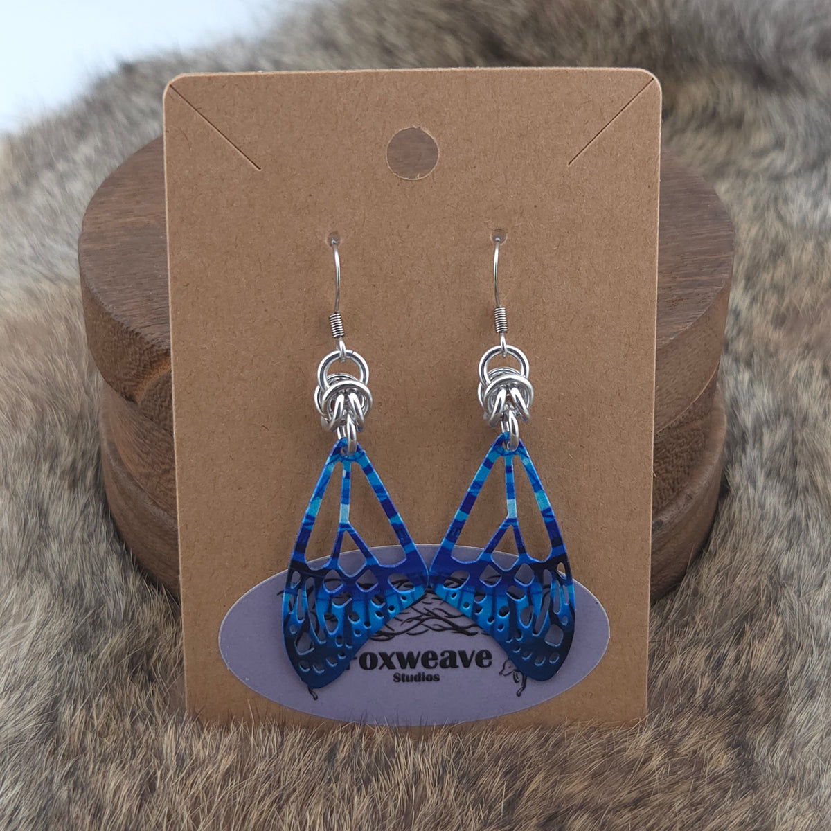 Earrings - Butterfly Wings, Dark Blue, Blue, Aquamarine, Light Blue - Stainless Steel Filigree on Stainless Steel Hooks