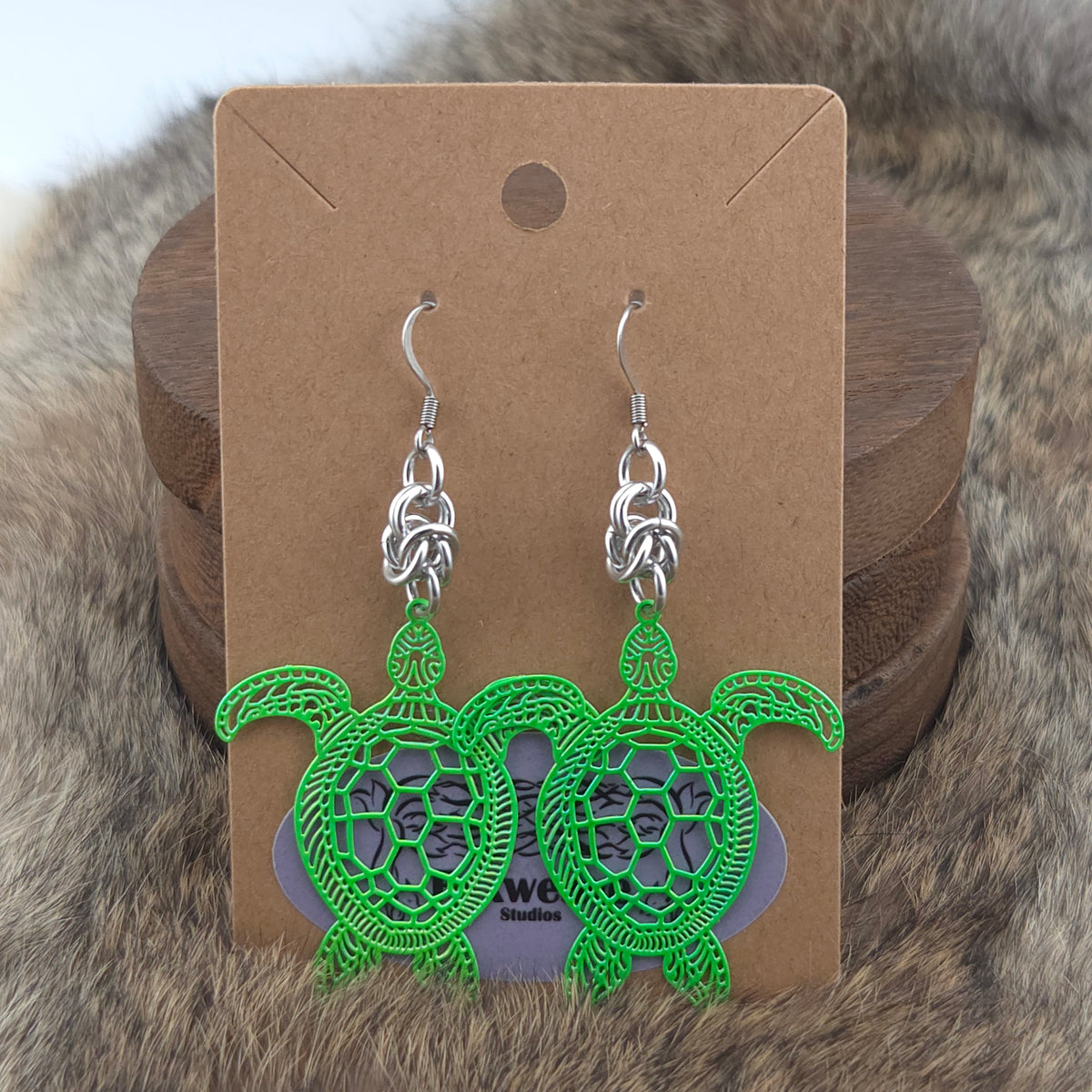 Earrings - Green Turtles - Stainless Steel Filigree on Stainless Steel Hooks