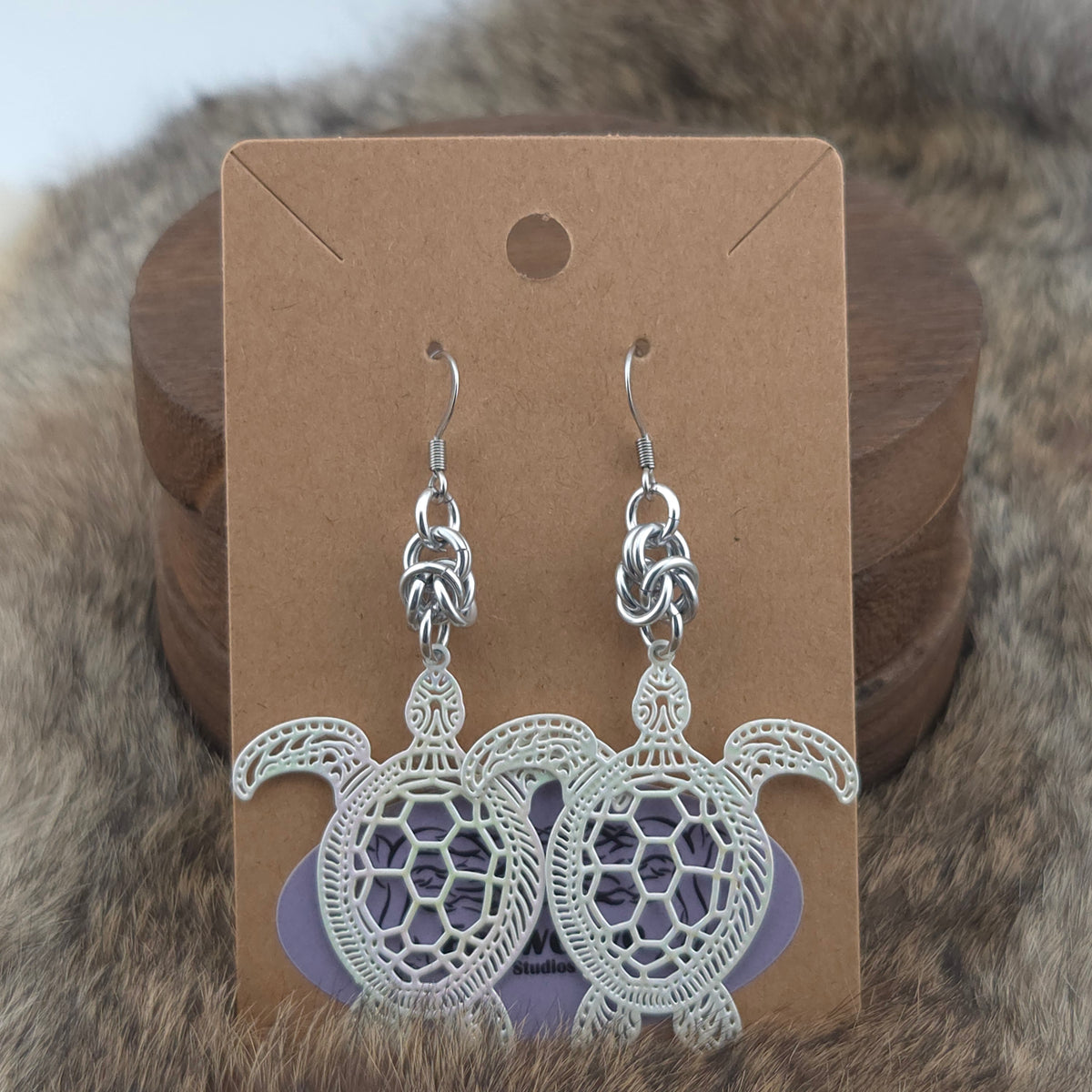 Earrings - White Turtles - Stainless Steel Filigree on Stainless Steel Hooks