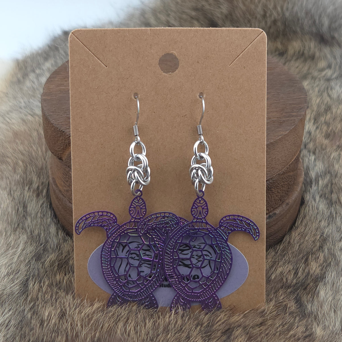 Earrings - Purple Turtles - Stainless Steel Filigree on Stainless Steel Hooks