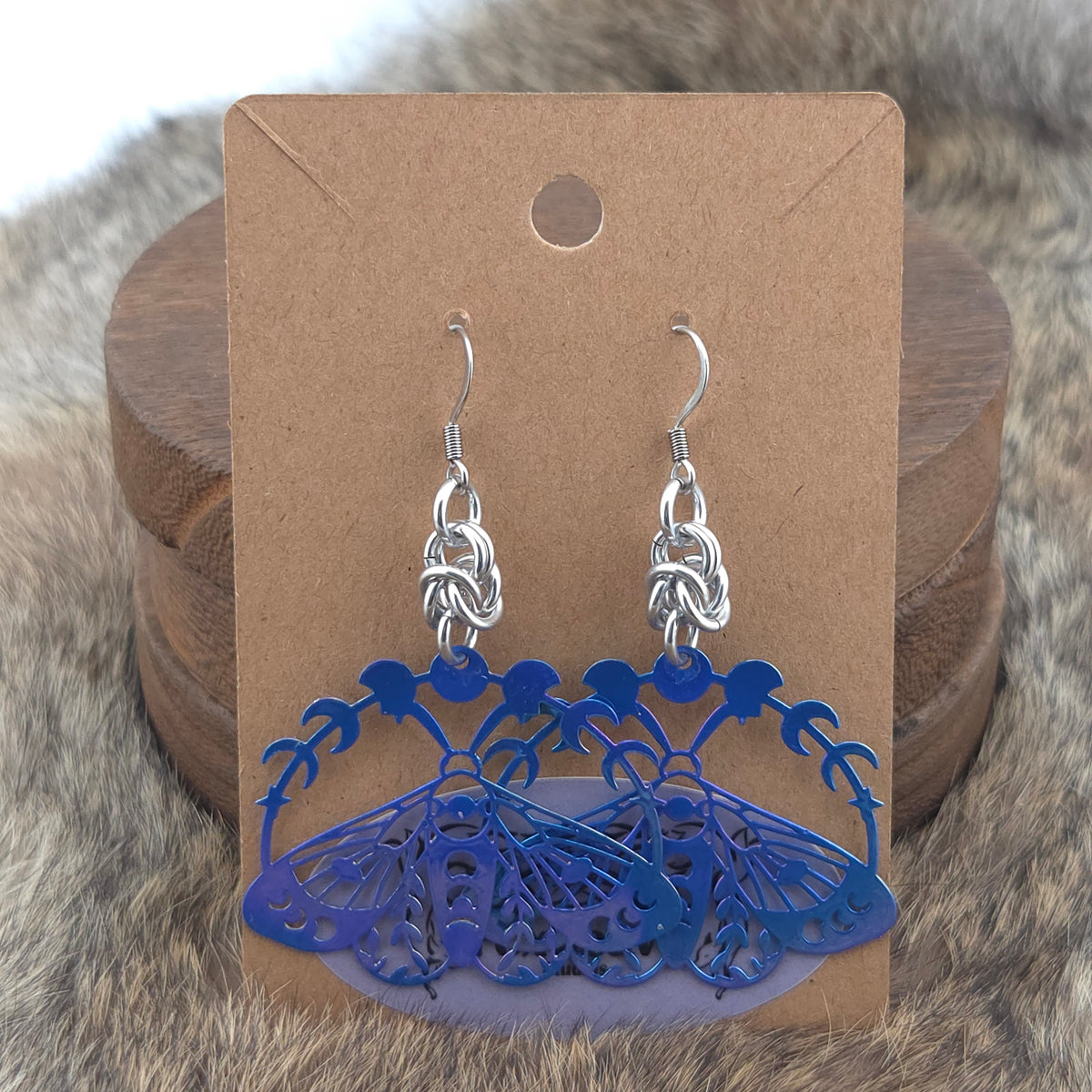 Earrings - Blue Moths - Stainless Steel Filigree on Stainless Steel Hooks