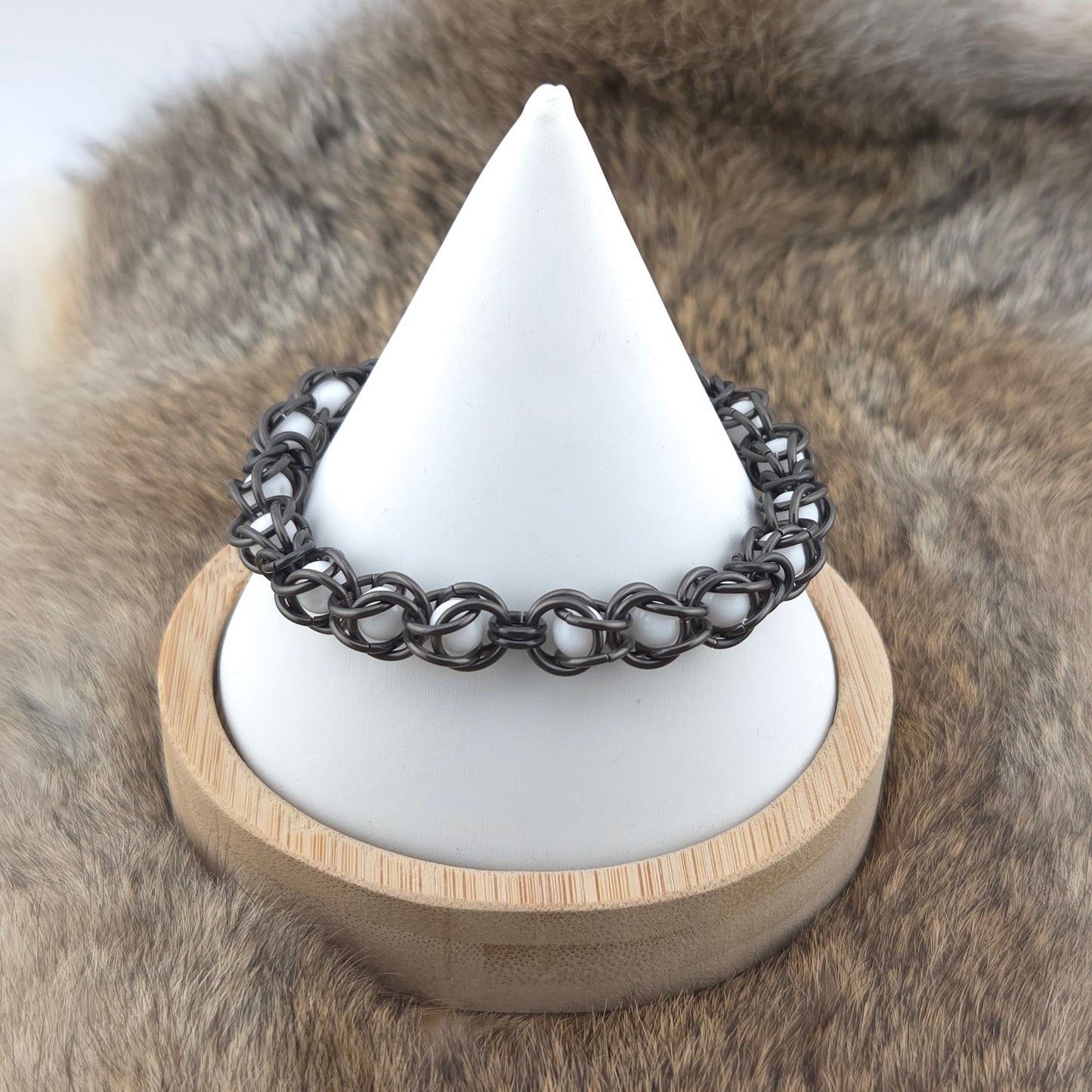 Captured Bead Bracelet - Black Glass Titanium with Captured White Glass Beads