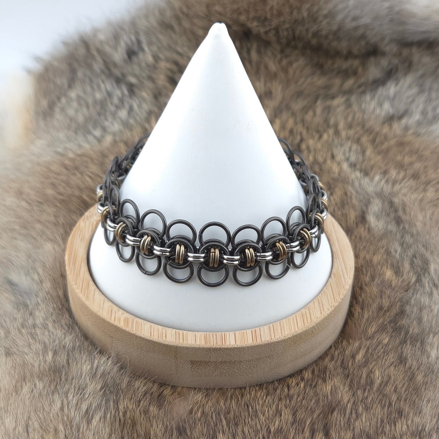 Celtic Wings Chainmail Bracelet - Black Glass Titanium, Bronze Titanium, and Stainless Steel