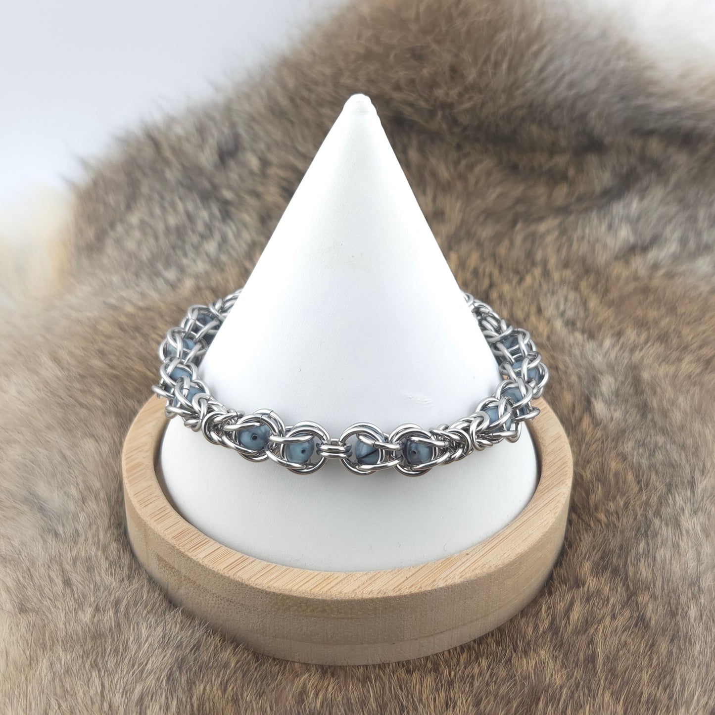 Captured Bead Bracelet - Stainless Steel with Captured Light Blue and Black Beads