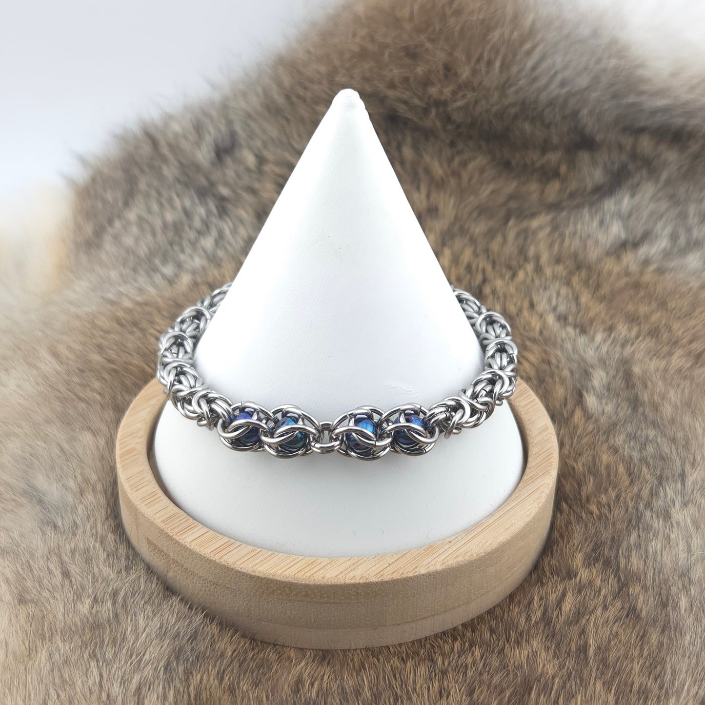 Captured Bead Bracelet - Stainless Steel with Peacock Beads