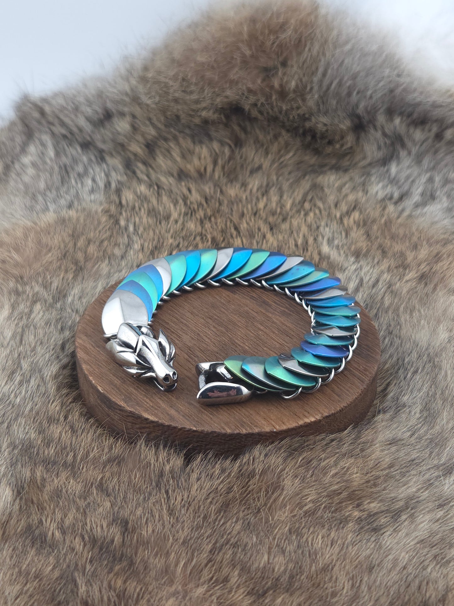 Dragon Scale Bracelet - Blue, Teal, Green, Stainless Steel and Titanium - Unique 0001