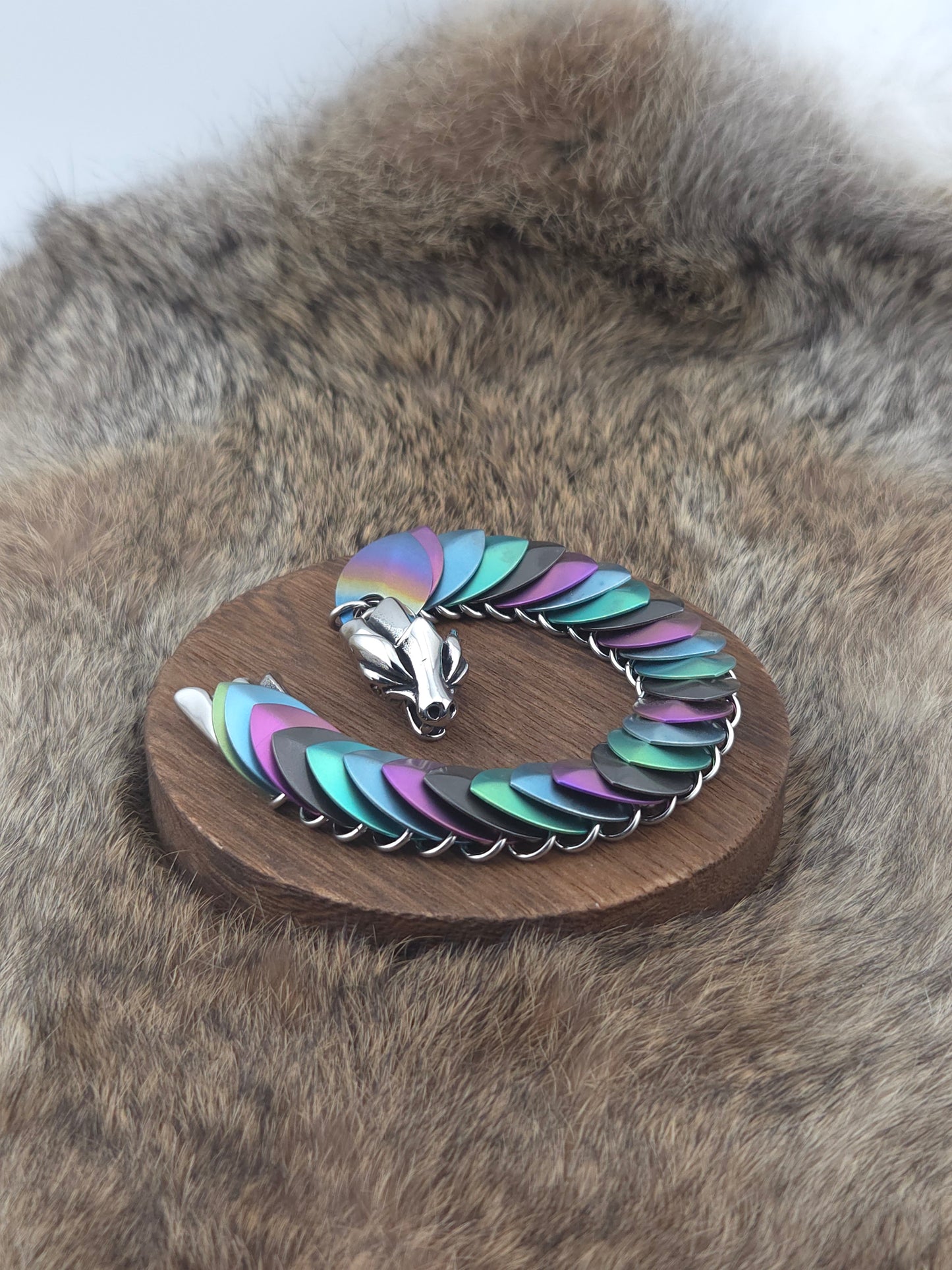Dragon Scale Bracelet - Rainbow, Purple, Blue, Green, Black Glass Titanium on Stainless Steel - Unique 0004