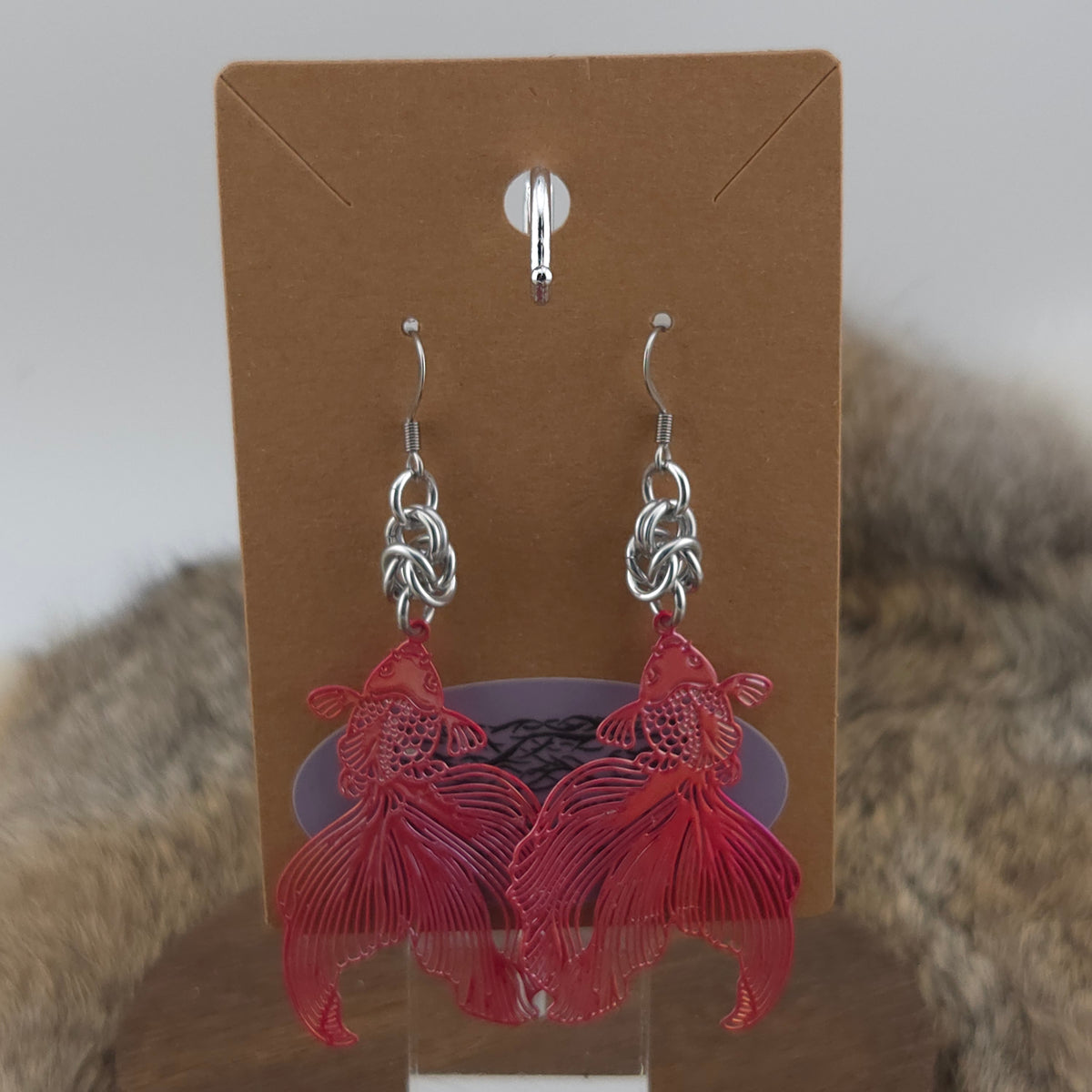 Earrings - Koi Fish, Crimson - Stainless Steel Filigree on Stainless Steel Hooks