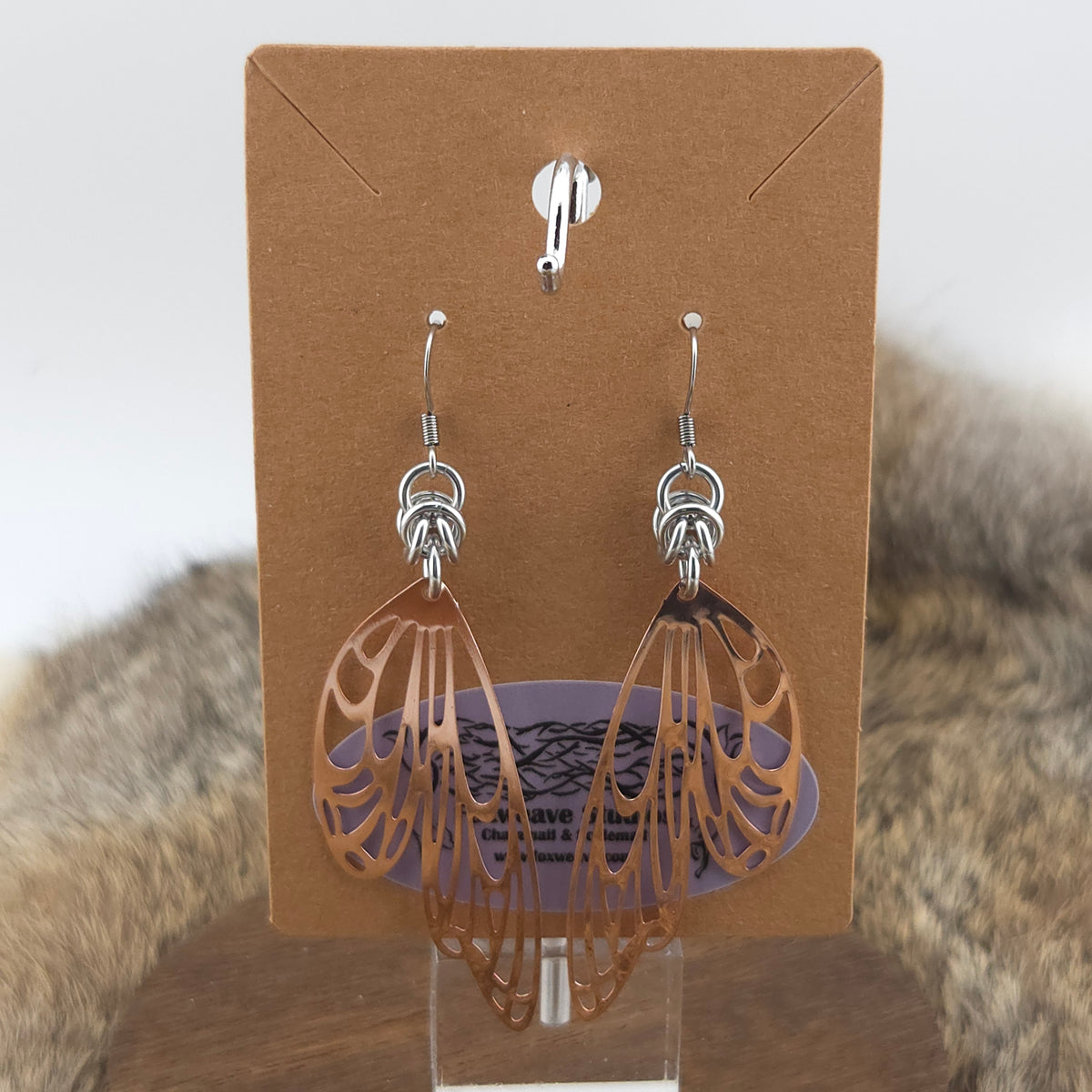 Earrings - Large Metallic Butterfly Wings, Rose Gold - Stainless Steel Filigree on Stainless Steel Hooks