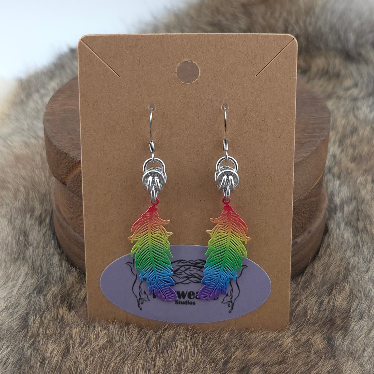 Earrings - Small Feathers, Rainbow - Stainless Steel Filigree on Stainless Steel Hooks