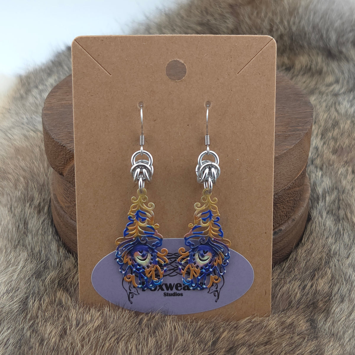 Earrings - Small Peacock Feathers, Blue, Gold, Yellow - Stainless Steel Filigree on Stainless Steel Hooks