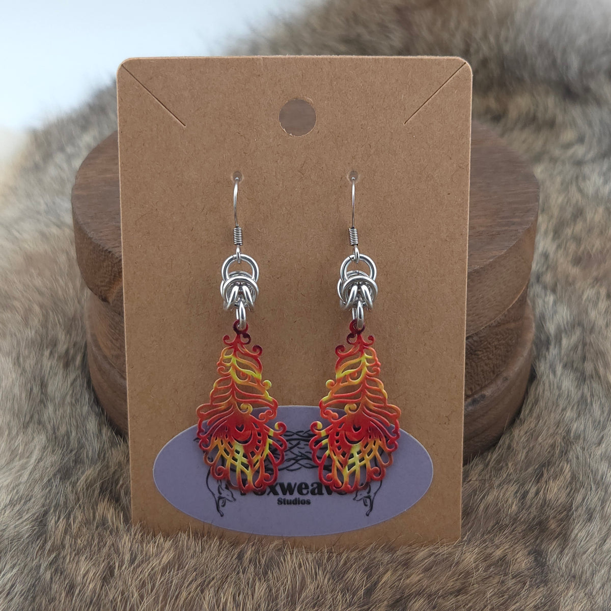 Earrings - Small Peacock Feathers, Fire - Stainless Steel Filigree on Stainless Steel Hooks