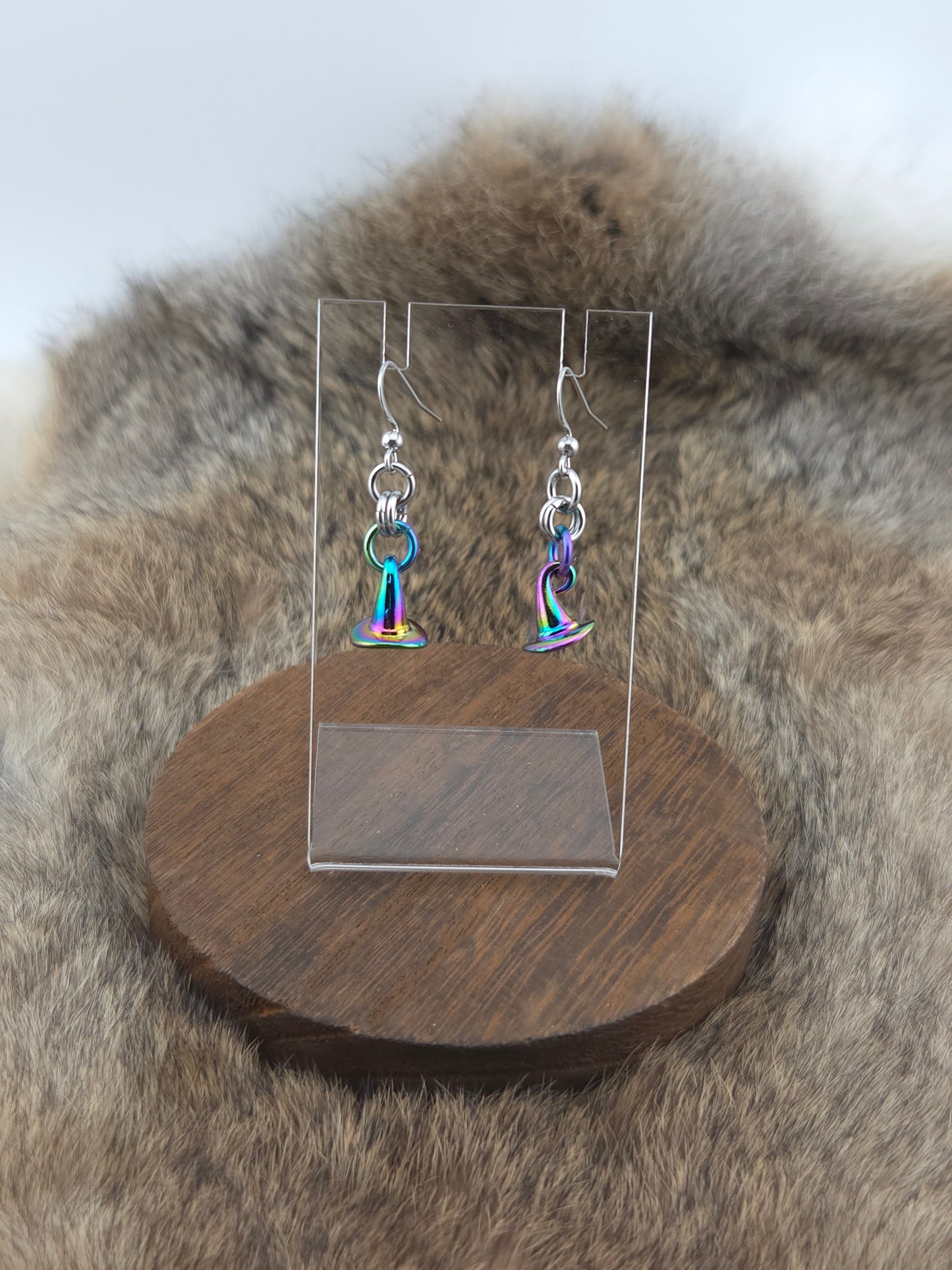 Earrings - Stainless Steel and Rainbow Niobium - Rainbow Witch Hats (Hooks)