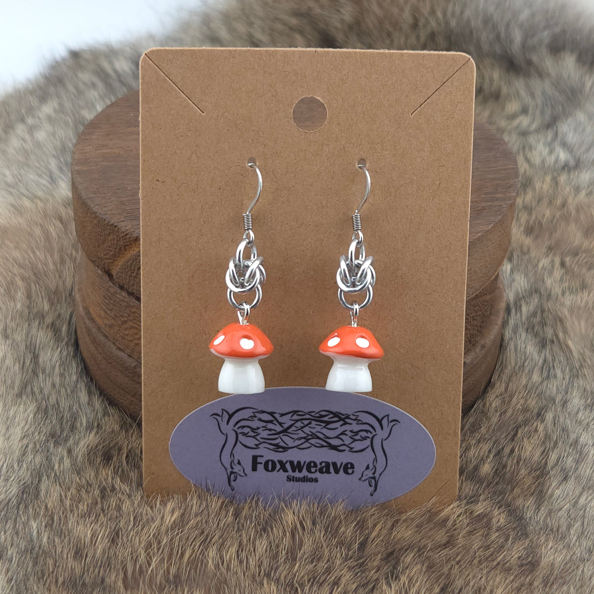 Earrings - Dark Orange Capped Spotted White Mushrooms - Acrylic Charm on Stainless Steel Hooks