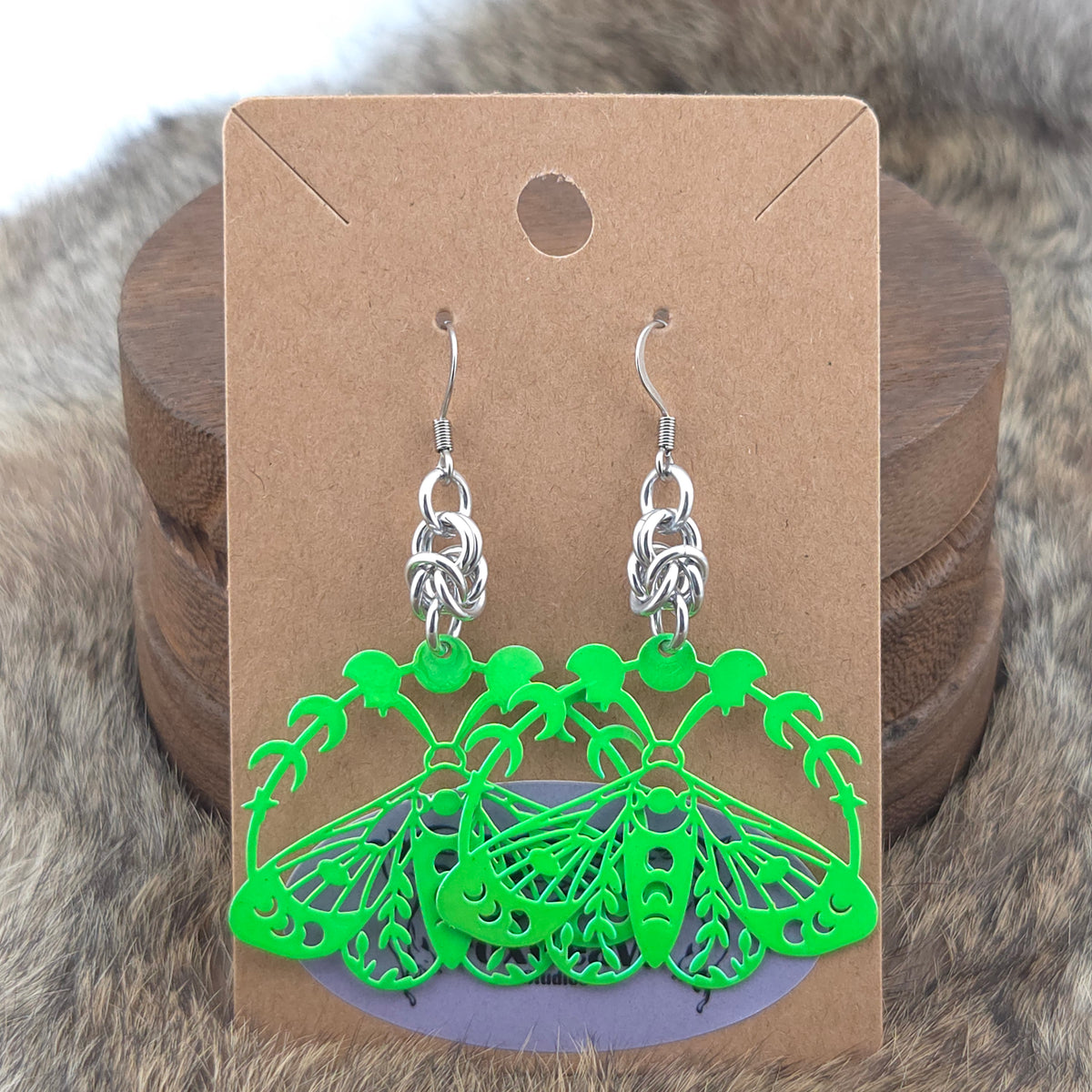 Earrings - Green Moths - Stainless Steel Filigree on Stainless Steel Hooks
