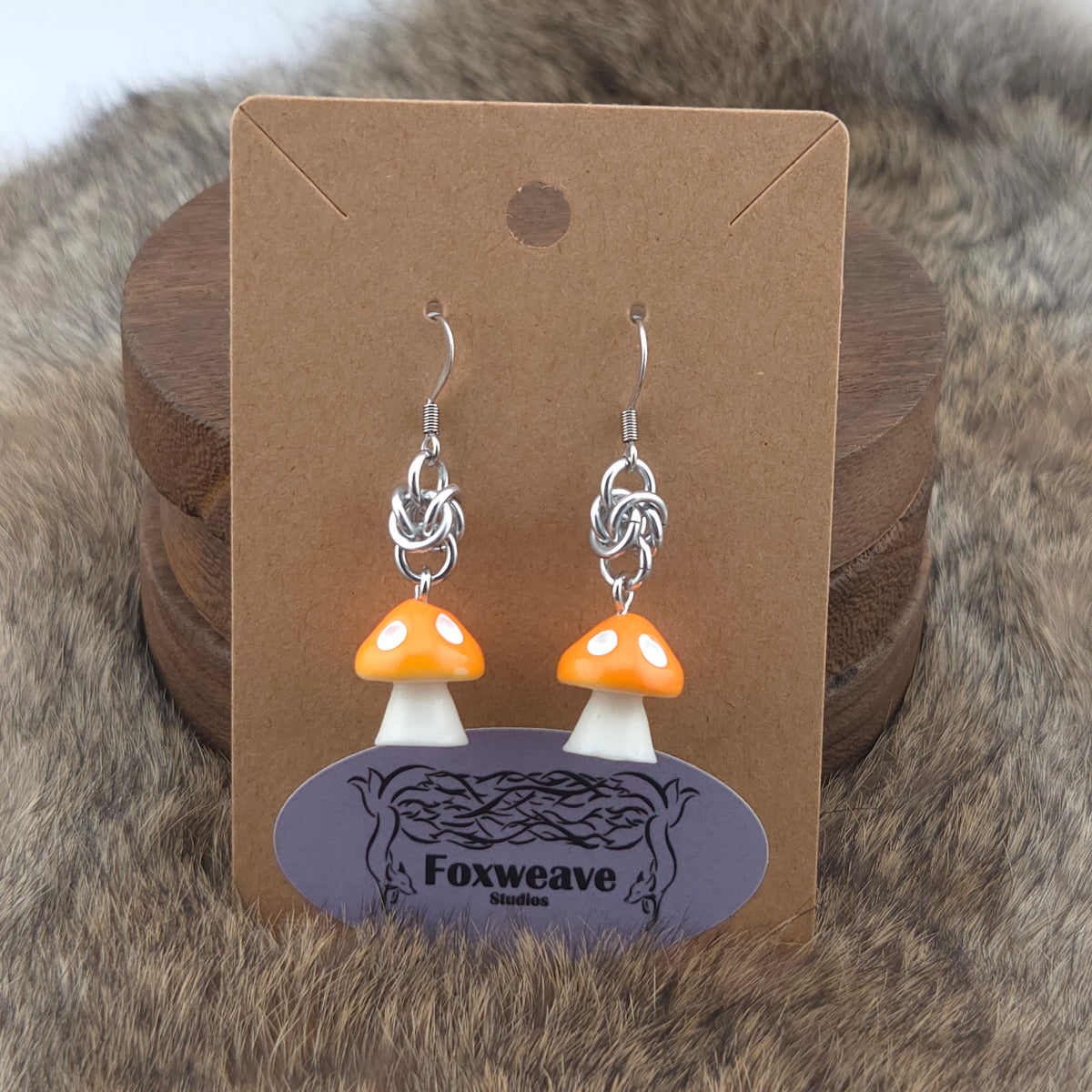 Earrings - Light Orange Capped Spotted White Mushrooms - Acrylic Charm on Stainless Steel Hooks