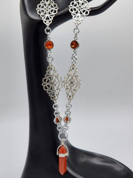 Silver Necklace with Amber Accents and Pendant