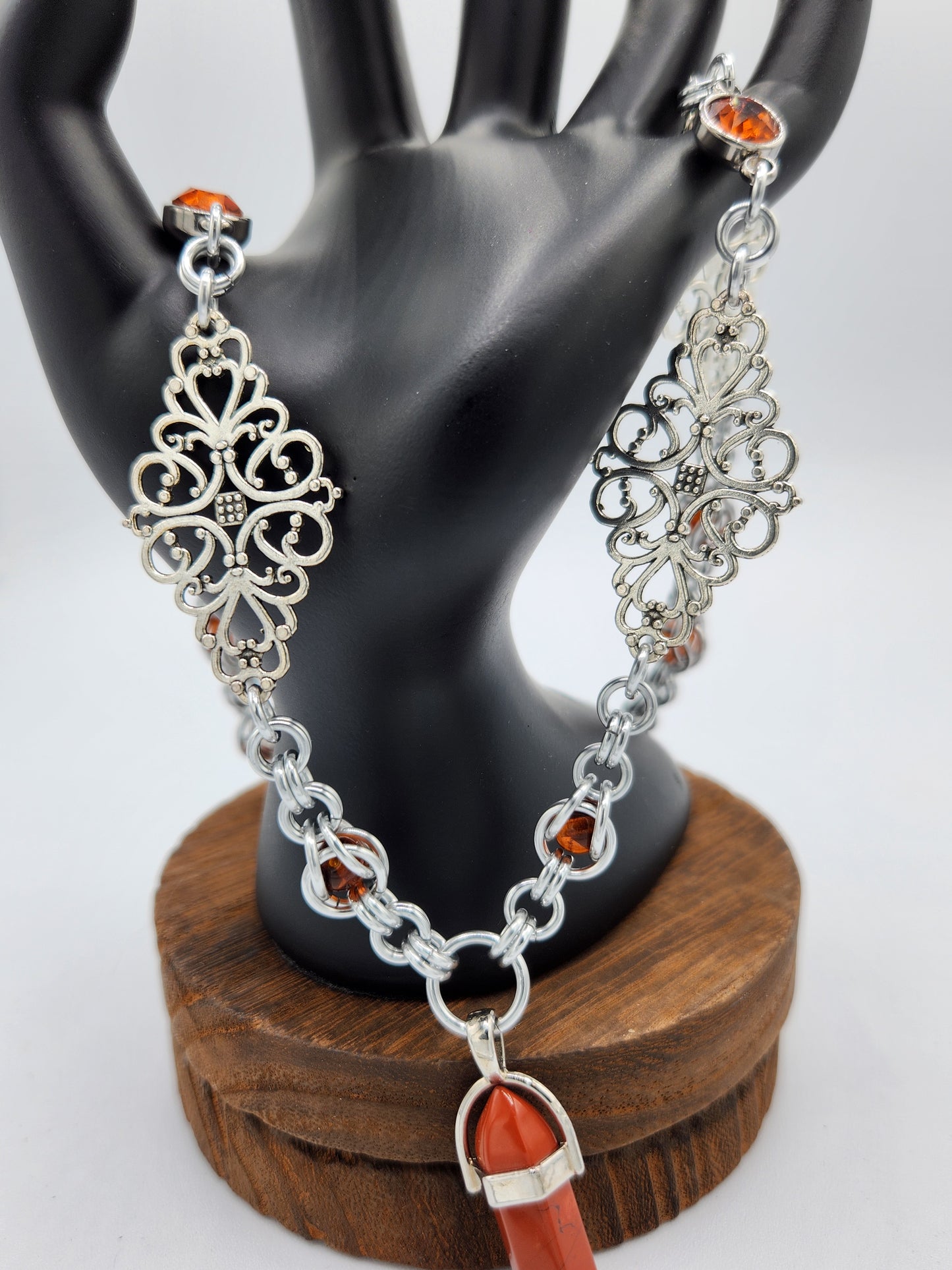 Silver Necklace with Amber Accents and Pendant