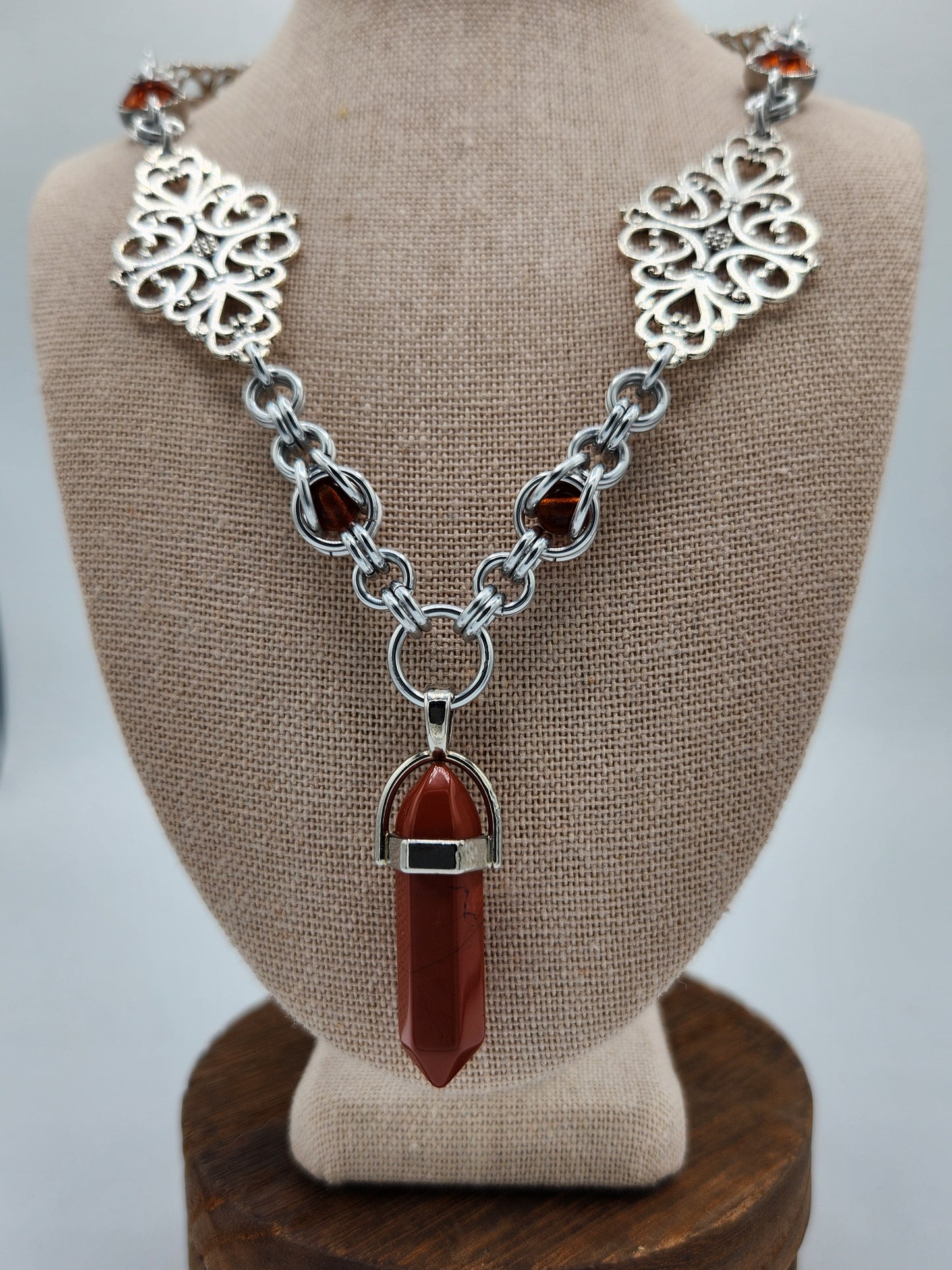 Silver Necklace with Amber Accents and Pendant