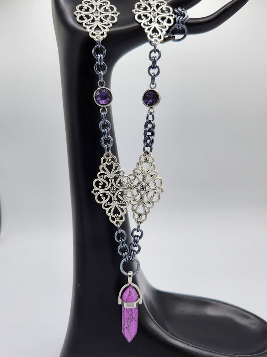 Silver Necklace with Purple Glass Accents and Pendant