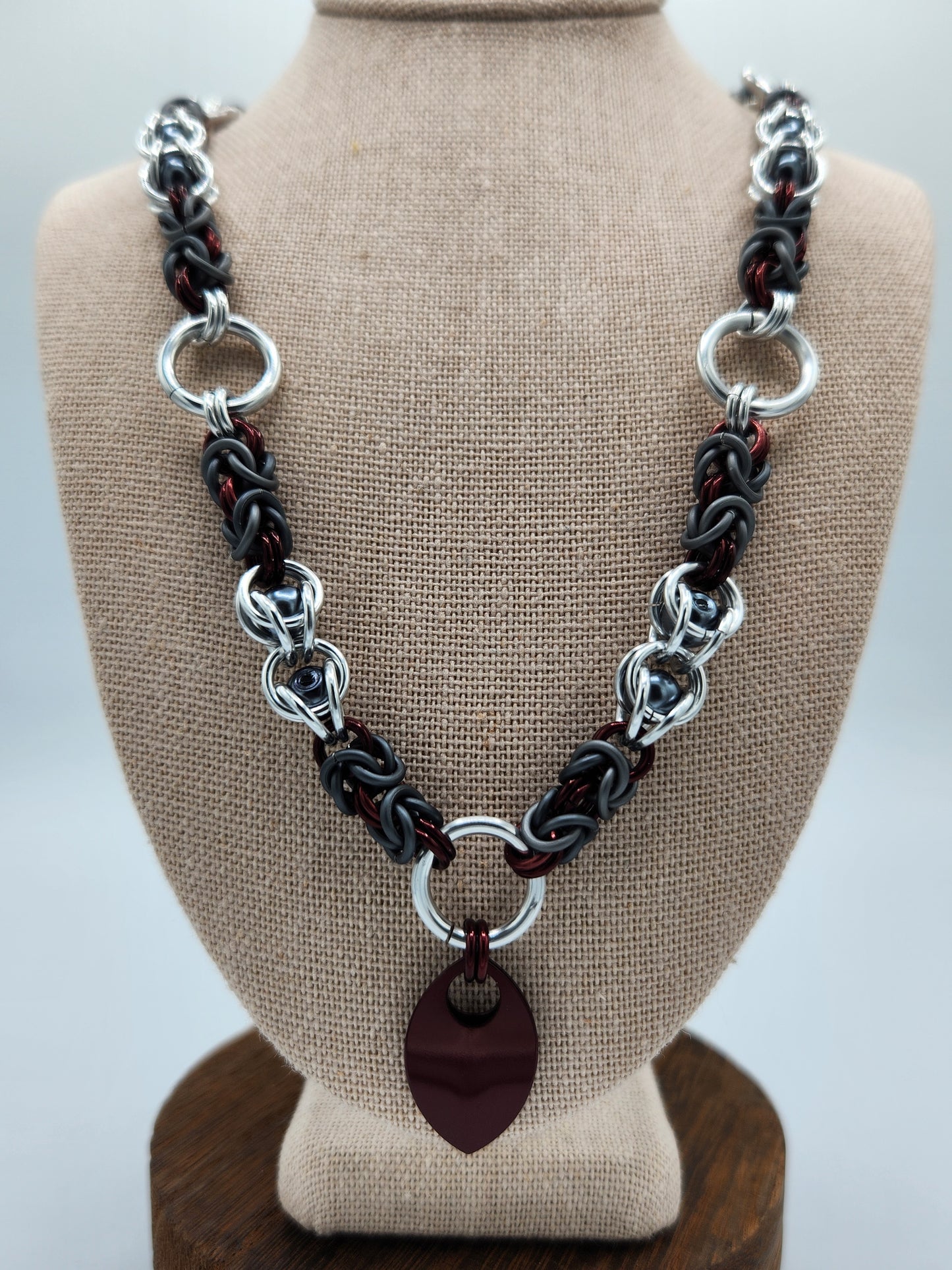 Silver, Burgundy, and Matte Titanium Necklace with Burgundy Scales