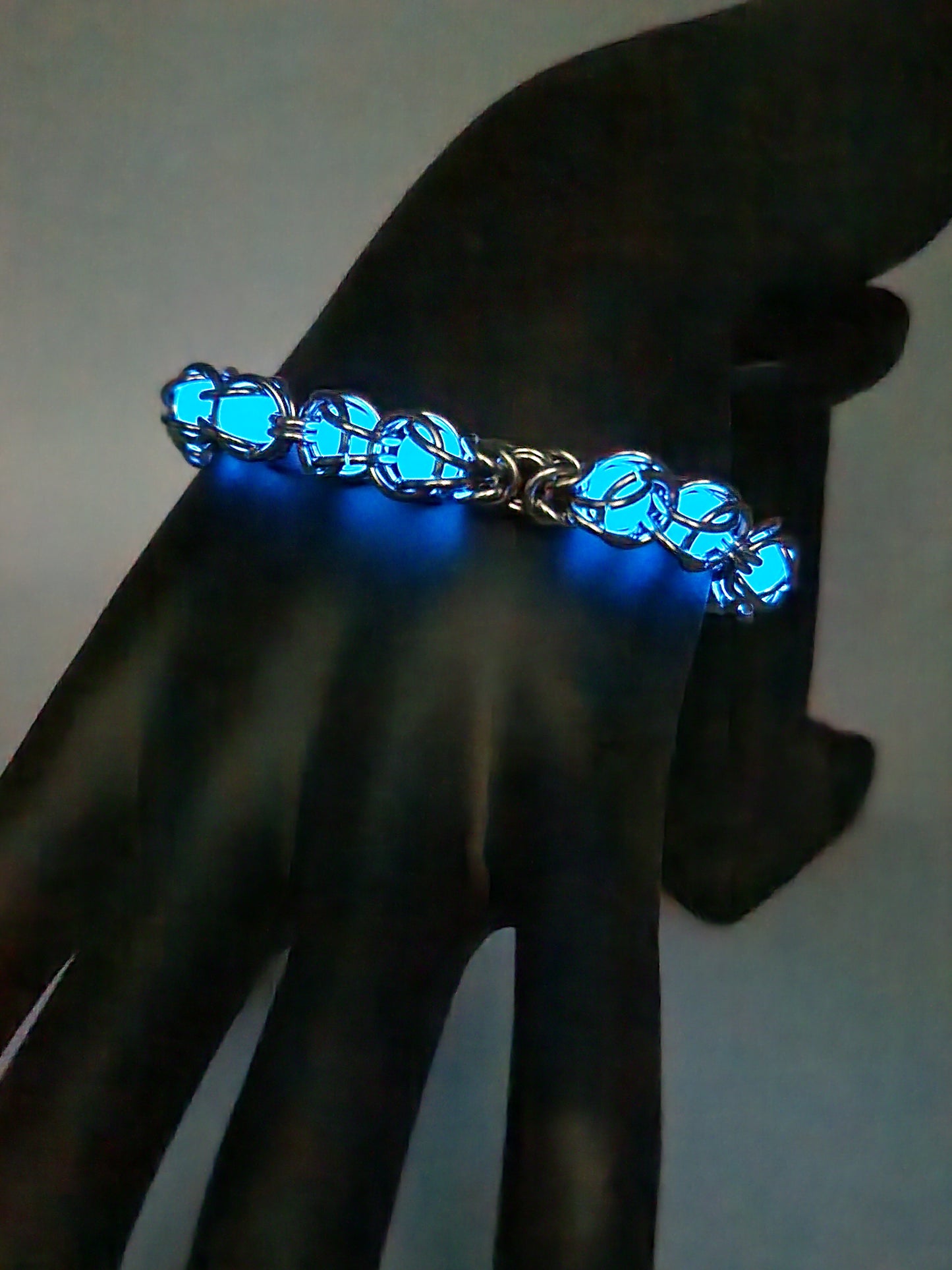 Stainless Steel and Captured Blue Glow Bead Bracelet