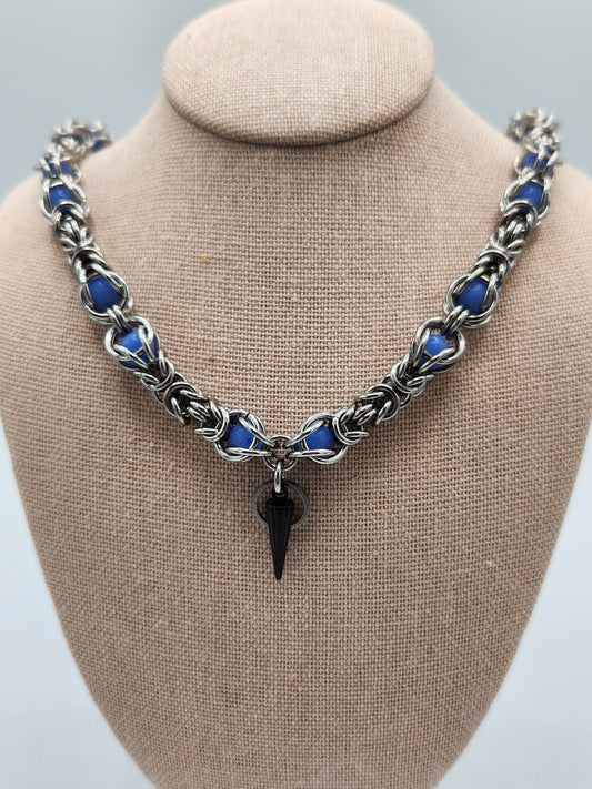 Stainless Steel and Captured Blue Glow Bead Necklace