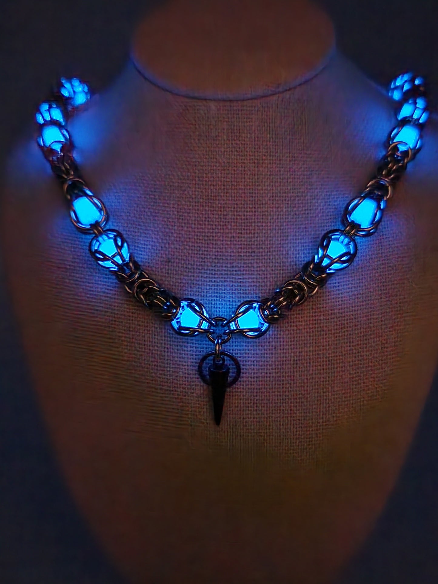 Stainless Steel and Captured Blue Glow Bead Necklace